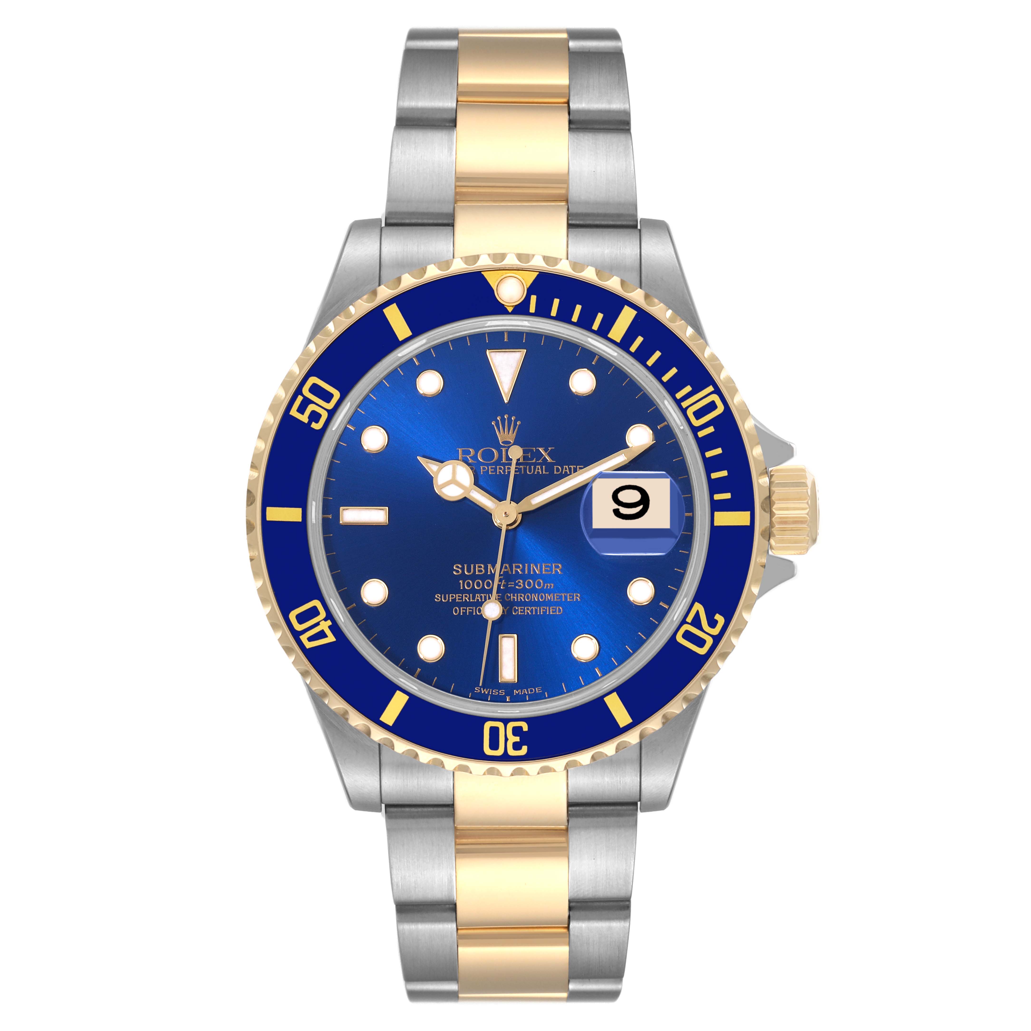 The Rolex Submariner 16613 Men's Steel and Gold (two tone) Blue Dial 16613 Men's Steel and Gold (two tone) Blue Dial watch is shown from a front angle, highlighting the blue dial, bezel, and two-tone bracelet.