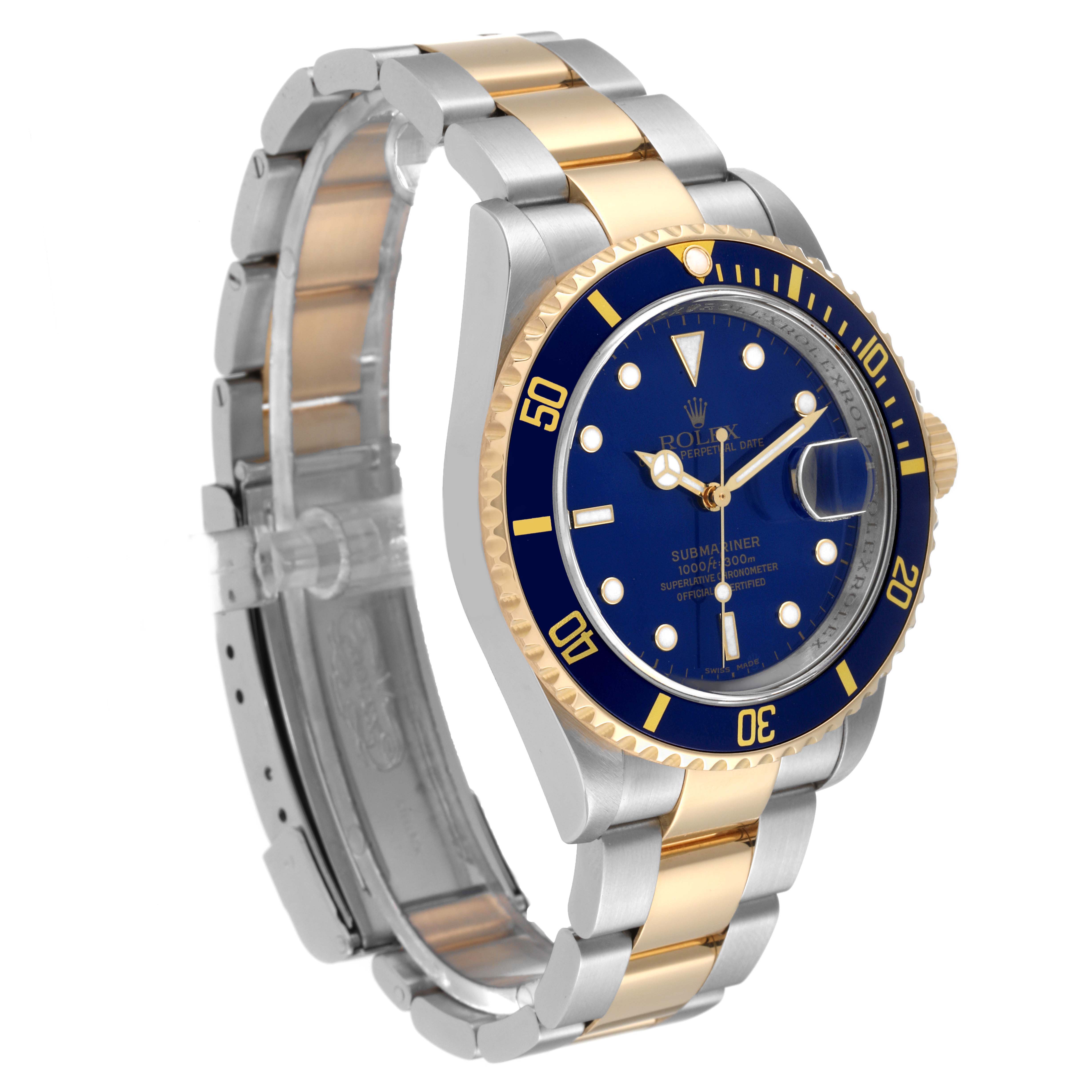 The Rolex Submariner 16613 Men's Steel and Gold (two tone) Blue Dial 16613 Men's Steel and Gold (two tone) Blue Dial watch is shown at a slight angle, displaying the face, bezel, bracelet, and crown.