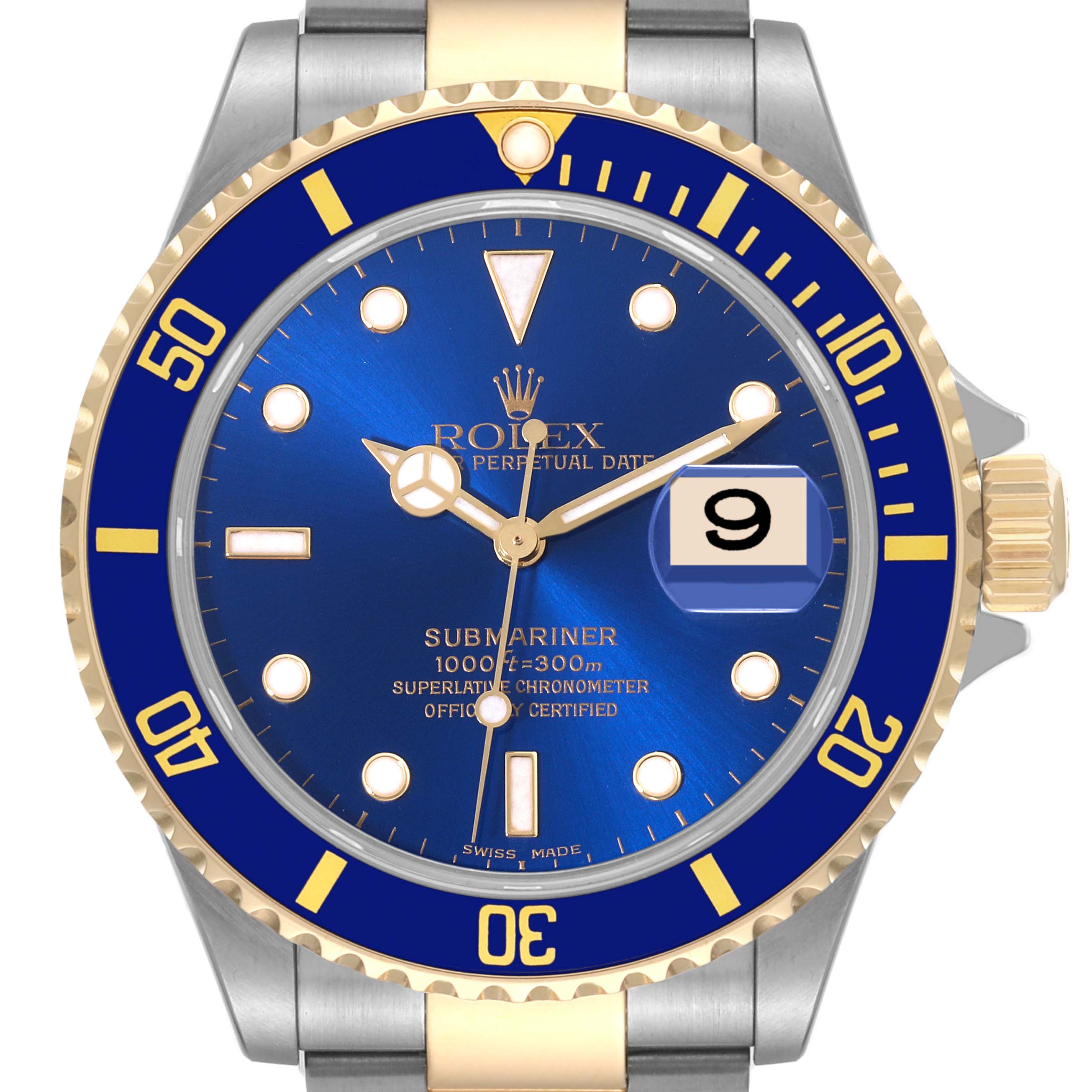 The image shows a front view of a Rolex Submariner 16613 Men's Steel and Gold (two tone) Blue Dial 16613 Men's Steel and Gold (two tone) Blue Dial watch, highlighting its blue dial, gold-and-blue bezel, and metal strap.