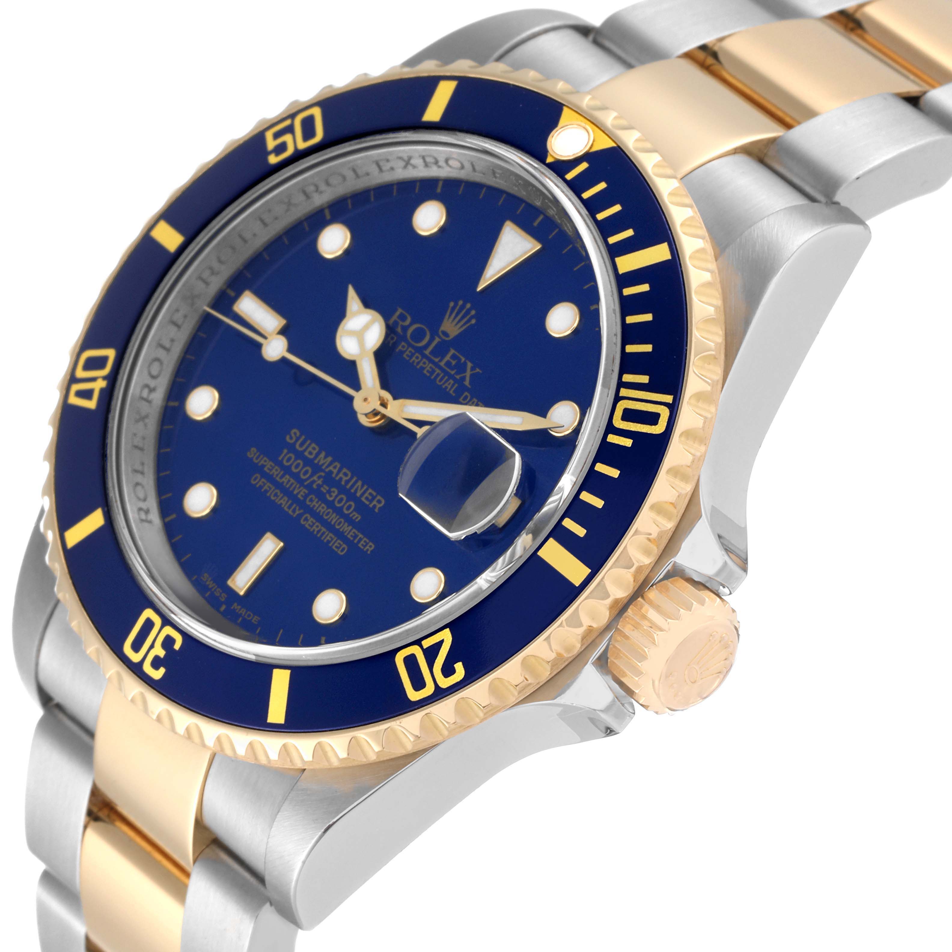 This image shows a close-up side angle of a Rolex Submariner 16613 Men's Steel and Gold (two tone) Blue Dial 16613 Men's Steel and Gold (two tone) Blue Dial watch, highlighting its blue dial, bezel, and two-tone bracelet.