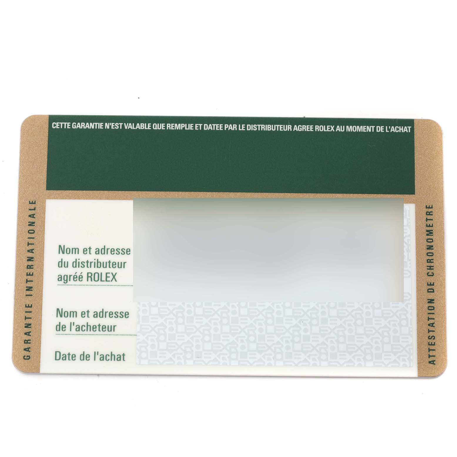 This image shows the guarantee card for a Rolex Submariner 16613 Men's Steel and Gold (two tone) Blue Dial 16613 Men's Steel and Gold (two tone) Blue Dial watch, focusing on the front side.