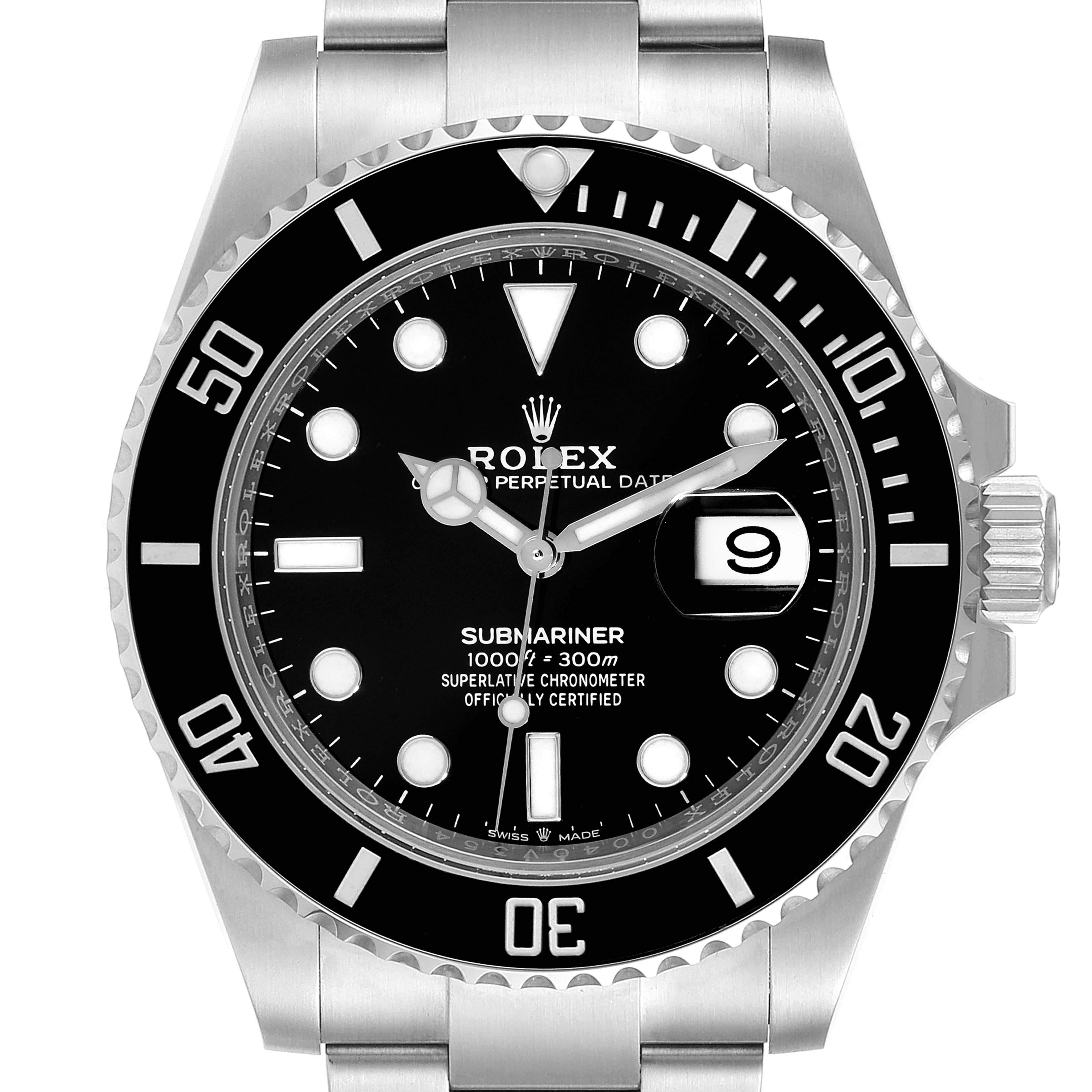 The image shows a front view of the Rolex Submariner 126610LN Men
s Stainless Steel Black Dial 126610LN Men
s Stainless Steel Black Dial watch, highlighting the dial, bezel, crown, and part of the bracelet.