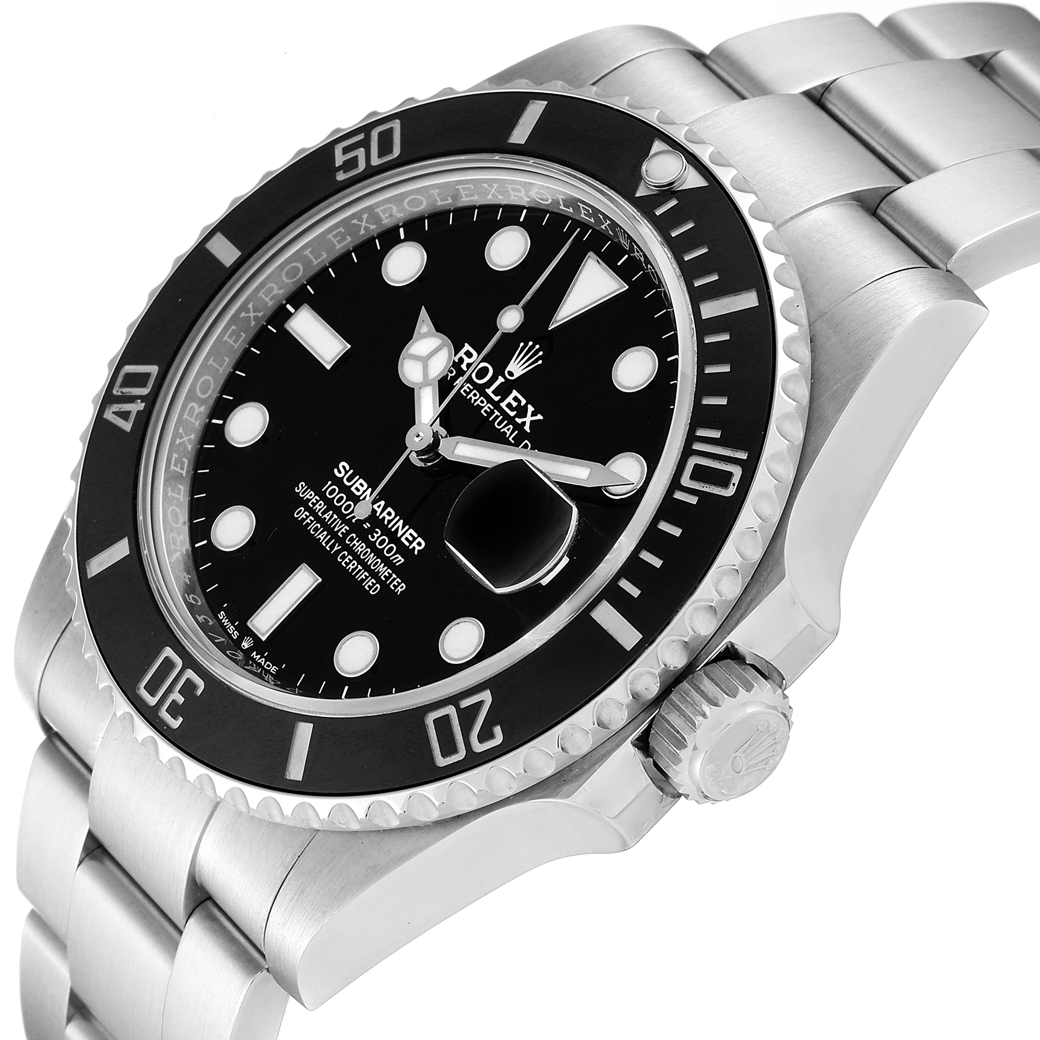 The Rolex Submariner 126610LN Men
s Stainless Steel Black Dial 126610LN Men
s Stainless Steel Black Dial watch is shown at an angle highlighting the face, bezel, and part of the stainless steel bracelet.