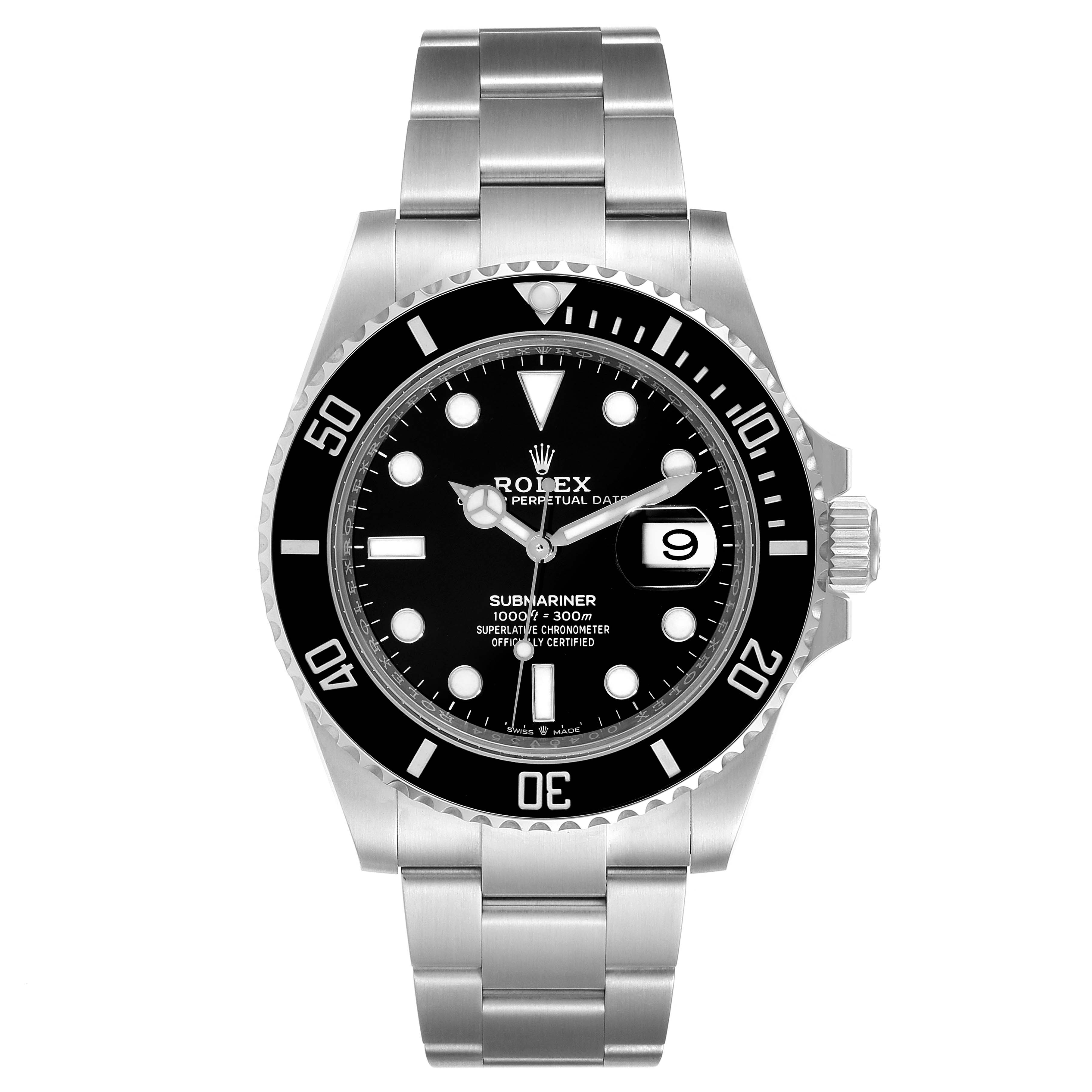 This head-on image shows a Rolex Submariner 126610LN Men
s Stainless Steel Black Dial 126610LN Men
s Stainless Steel Black Dial watch displaying its face, bezel, and bracelet.