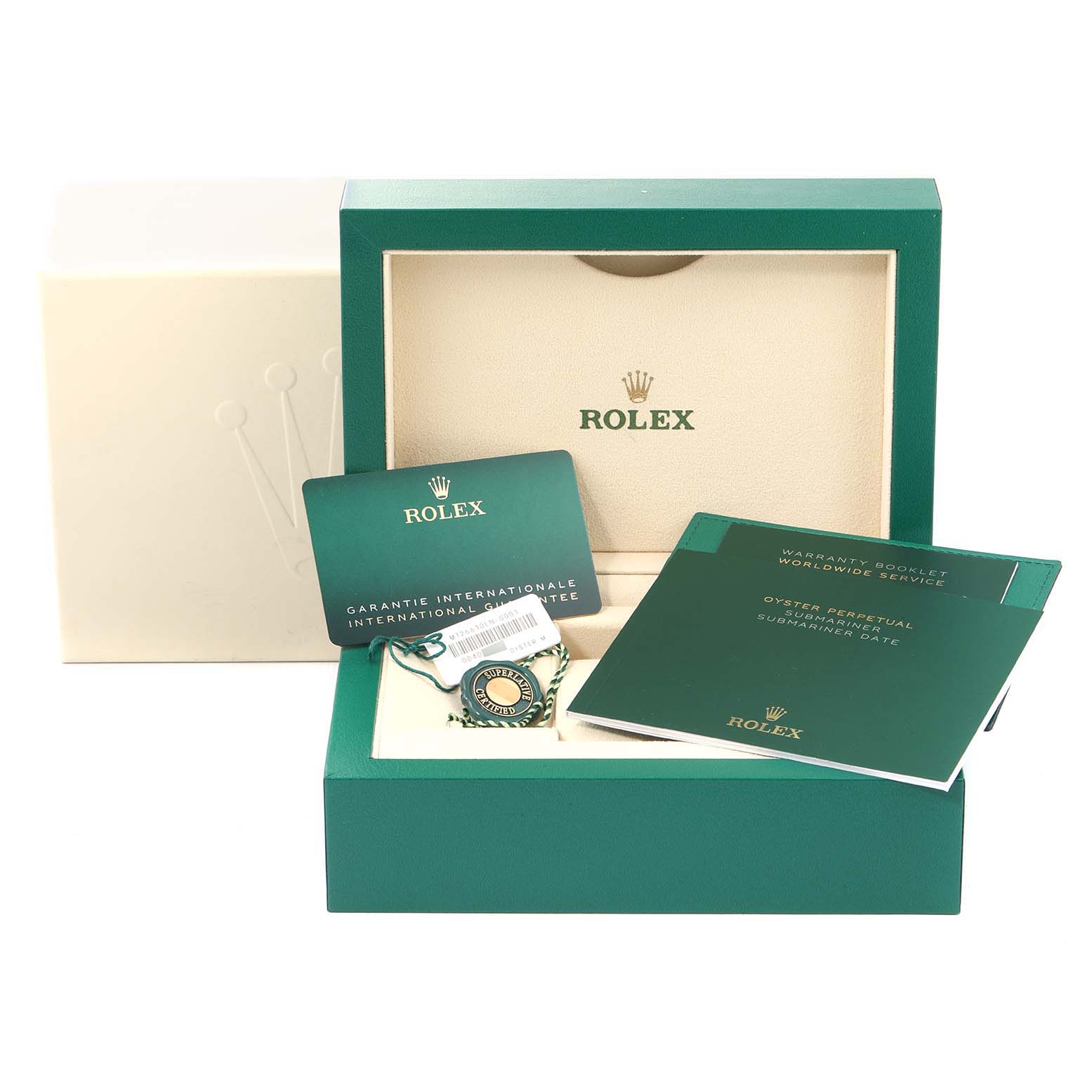 The image shows a Rolex Submariner 126610LN Men
s Stainless Steel Black Dial 126610LN Men
s Stainless Steel Black Dial in its box with warranty card, booklet, and tag visible.