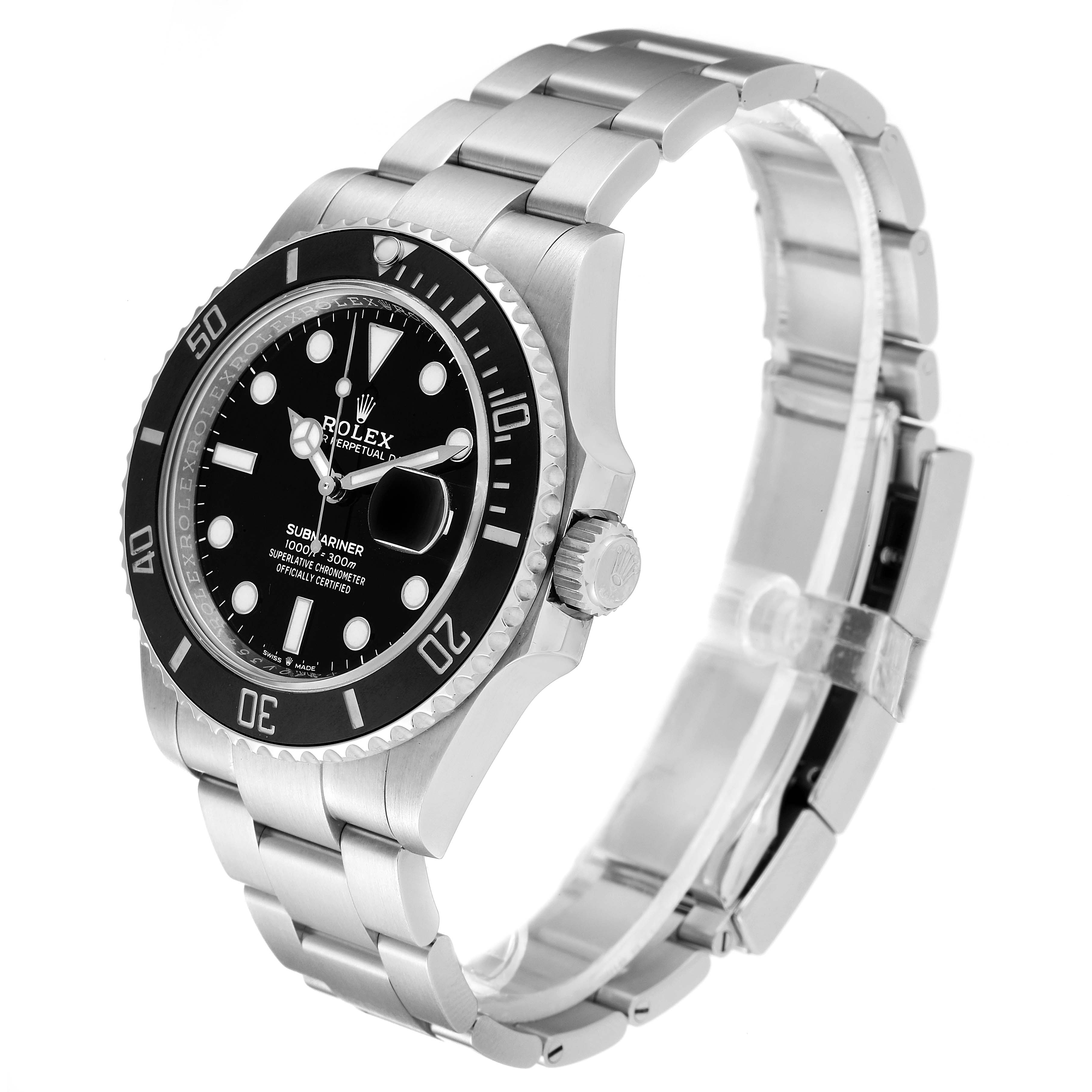 This image shows a side angle of the Rolex Submariner 126610LN Men
s Stainless Steel Black Dial 126610LN Men
s Stainless Steel Black Dial watch, highlighting the face, bezel, crown, and stainless steel bracelet.