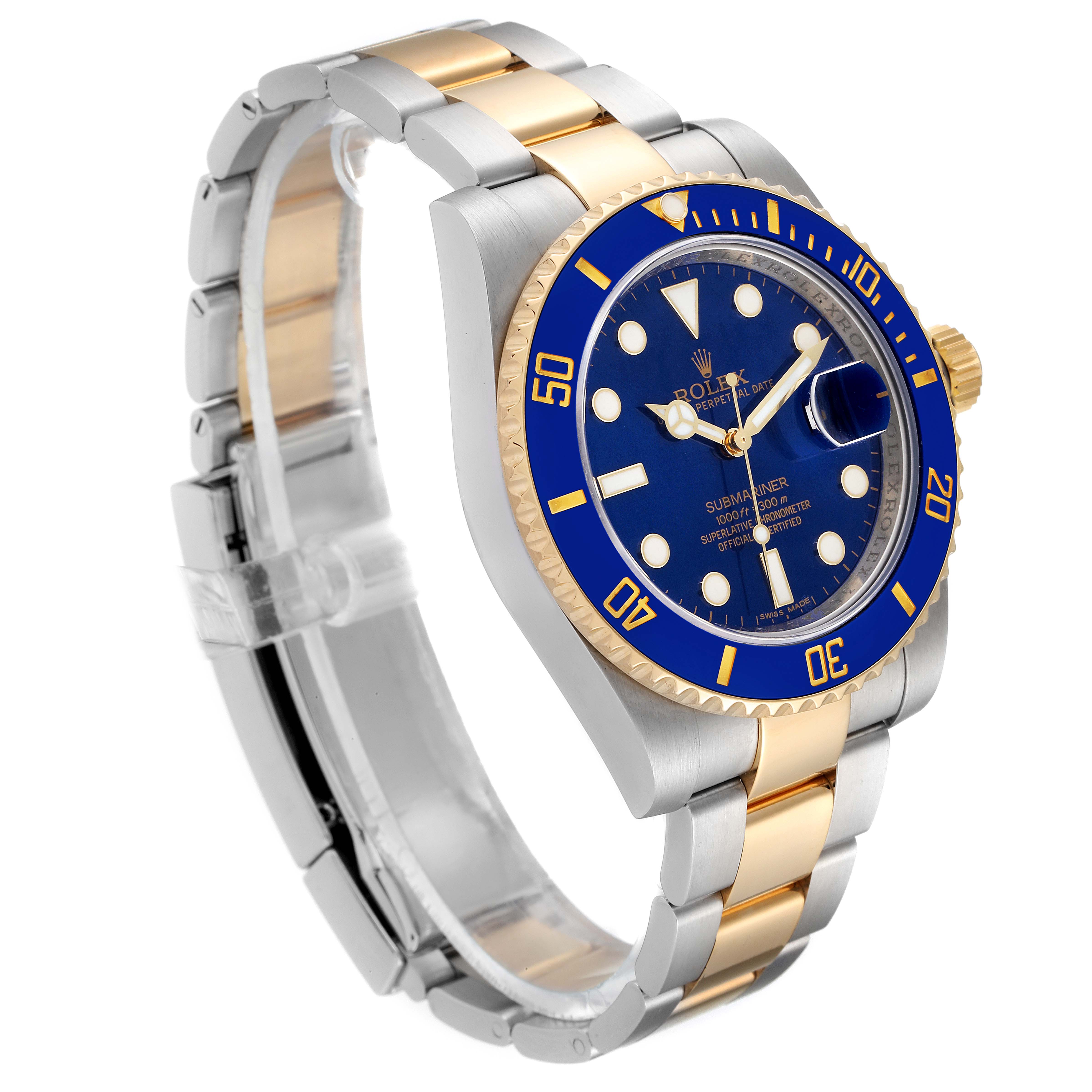 The image shows a Rolex Submariner 116613 Men
s Steel and Gold (two tone) Blue Dial 116613 Men
s Steel and Gold (two tone) Blue Dial watch at an angle, displaying the face, bezel, and metal bracelet with gold center links.