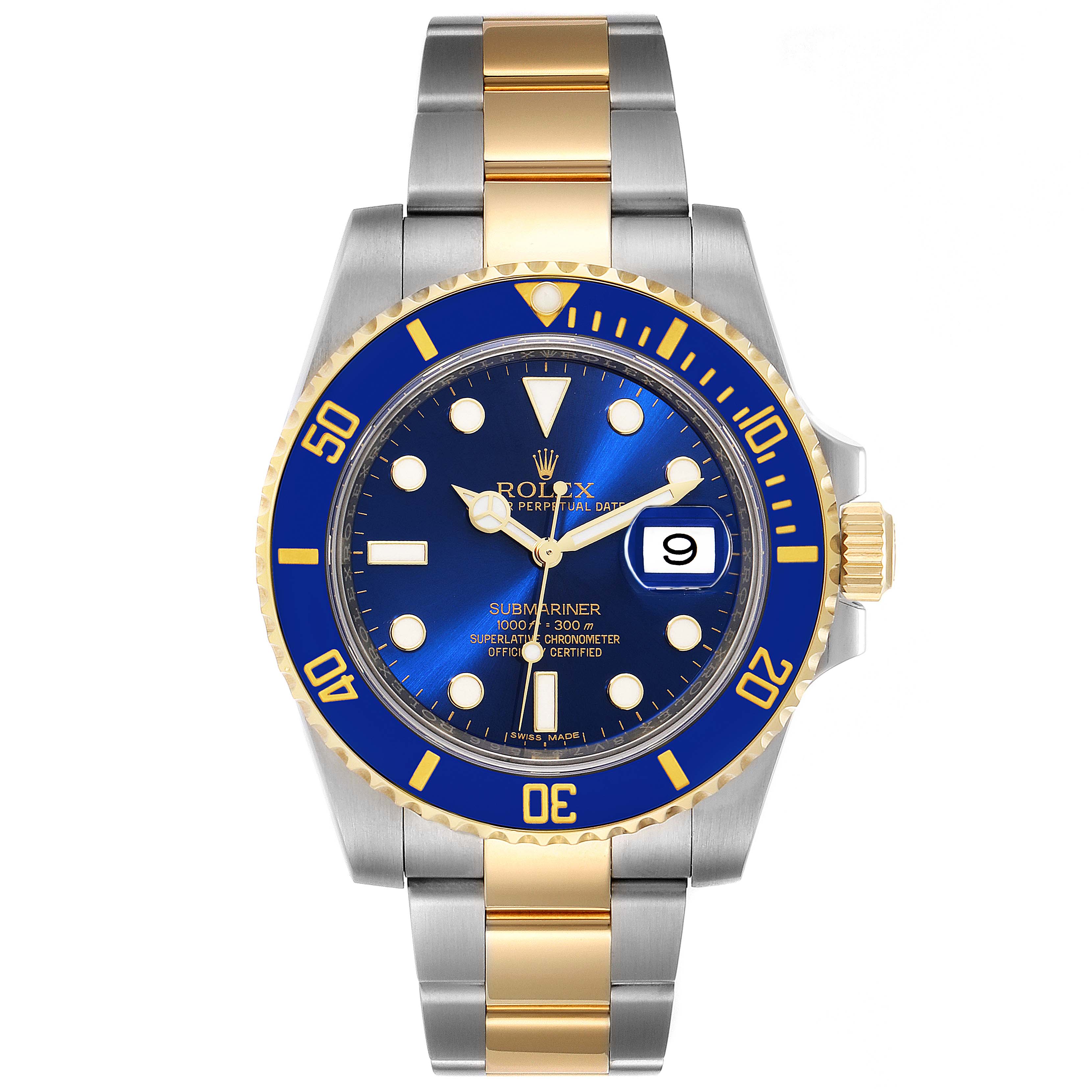 The image shows a frontal view of a Rolex Submariner 116613 Men
s Steel and Gold (two tone) Blue Dial 116613 Men
s Steel and Gold (two tone) Blue Dial watch with a blue dial, blue and gold bezel, and a two-tone bracelet.