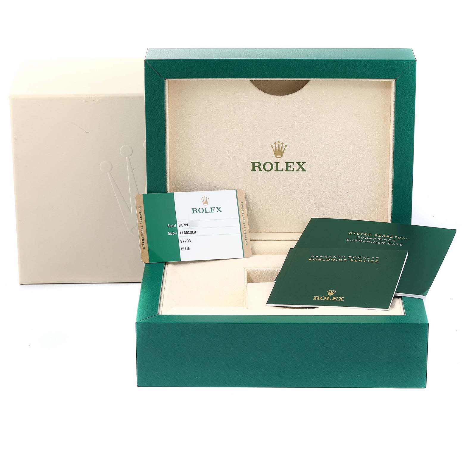 This image shows the accessories for a Rolex Submariner 116613 Men
s Steel and Gold (two tone) Blue Dial 116613 Men
s Steel and Gold (two tone) Blue Dial, including its box, warranty card, and booklets.