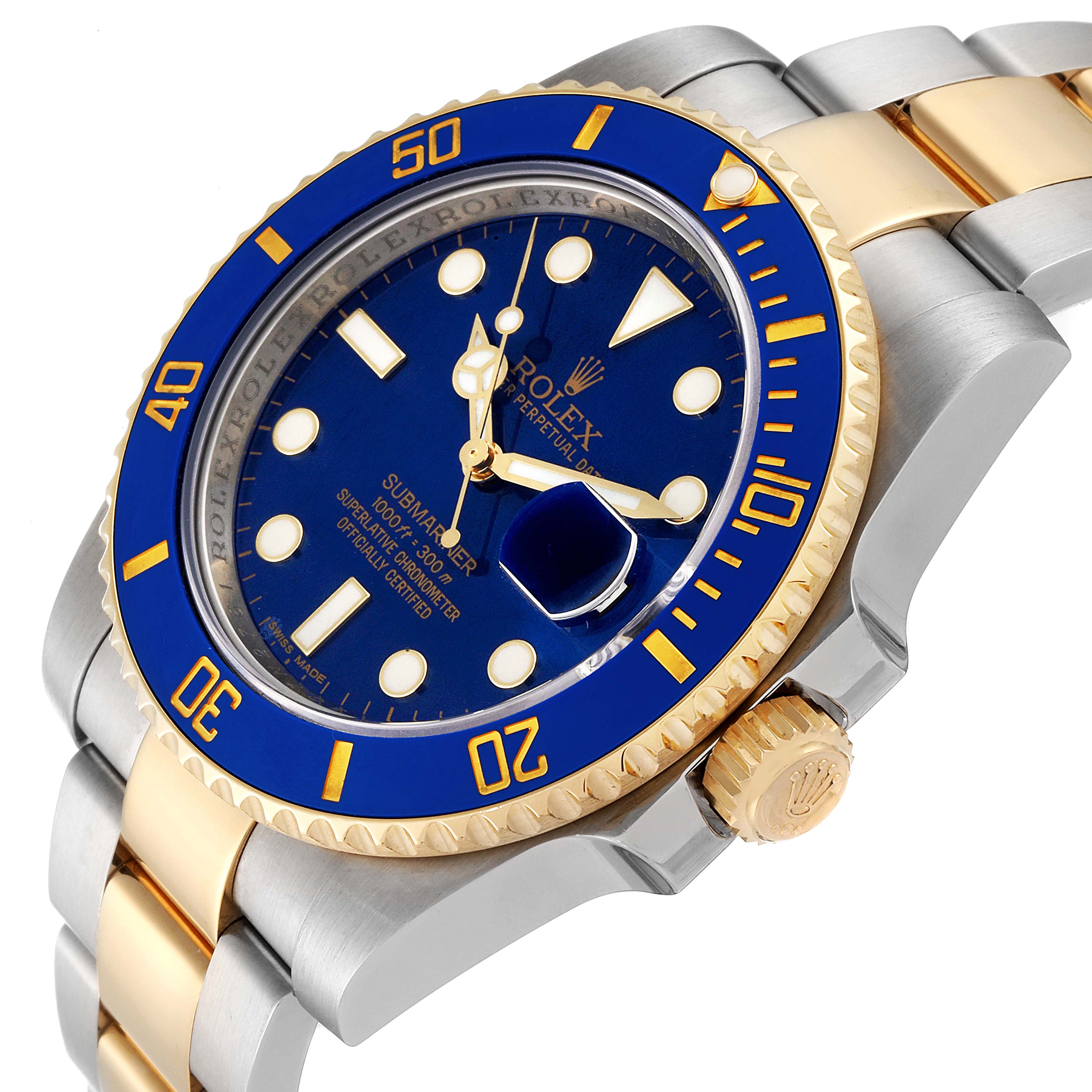 This image shows a close-up angle of a Rolex Submariner 116613 Men
s Steel and Gold (two tone) Blue Dial 116613 Men
s Steel and Gold (two tone) Blue Dial watch, highlighting the dial, bezel, crown, and part of the bracelet.