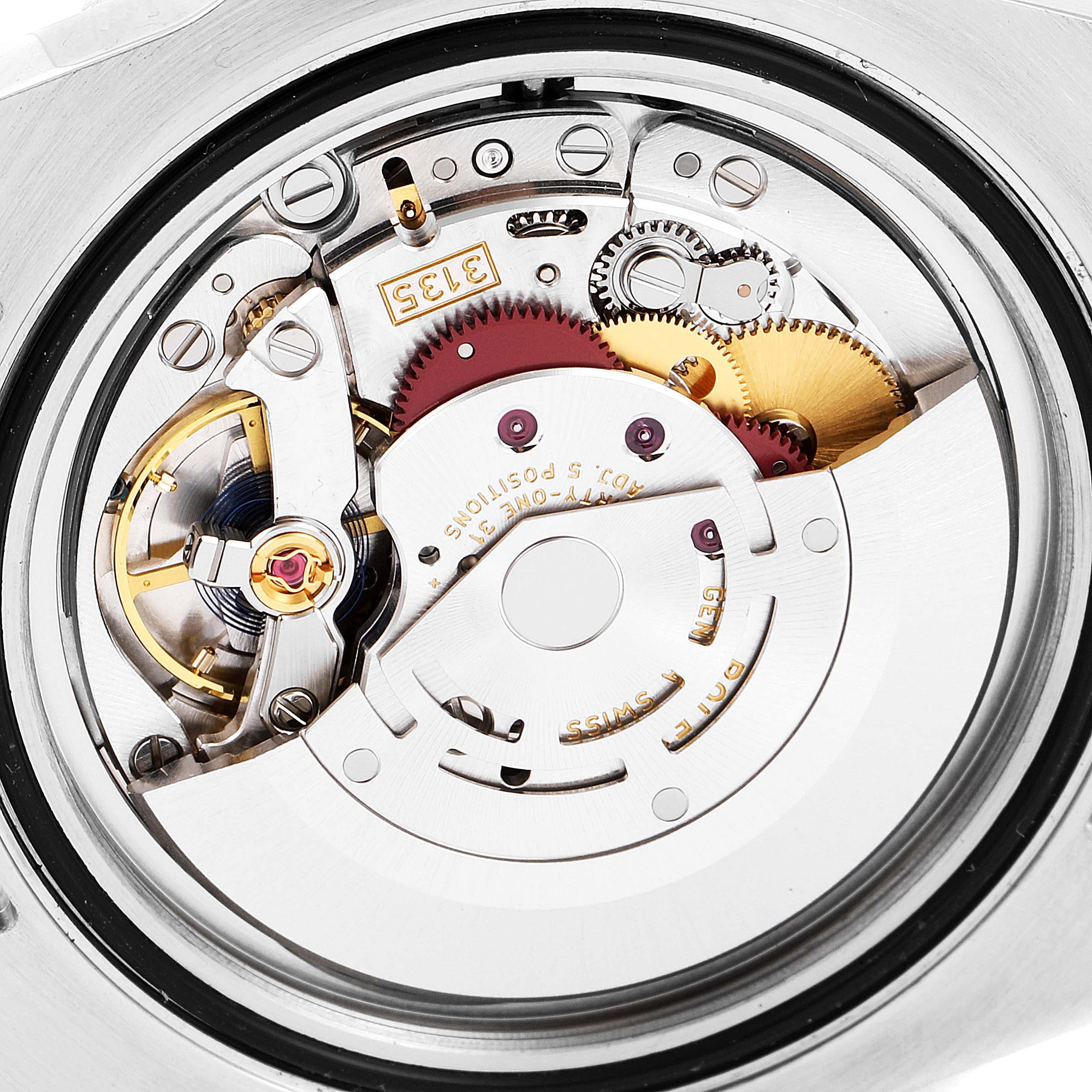 The image shows the internal movement and mechanism of a Rolex Submariner 116613 Men
s Steel and Gold (two tone) Blue Dial 116613 Men
s Steel and Gold (two tone) Blue Dial watch, viewed from the back.