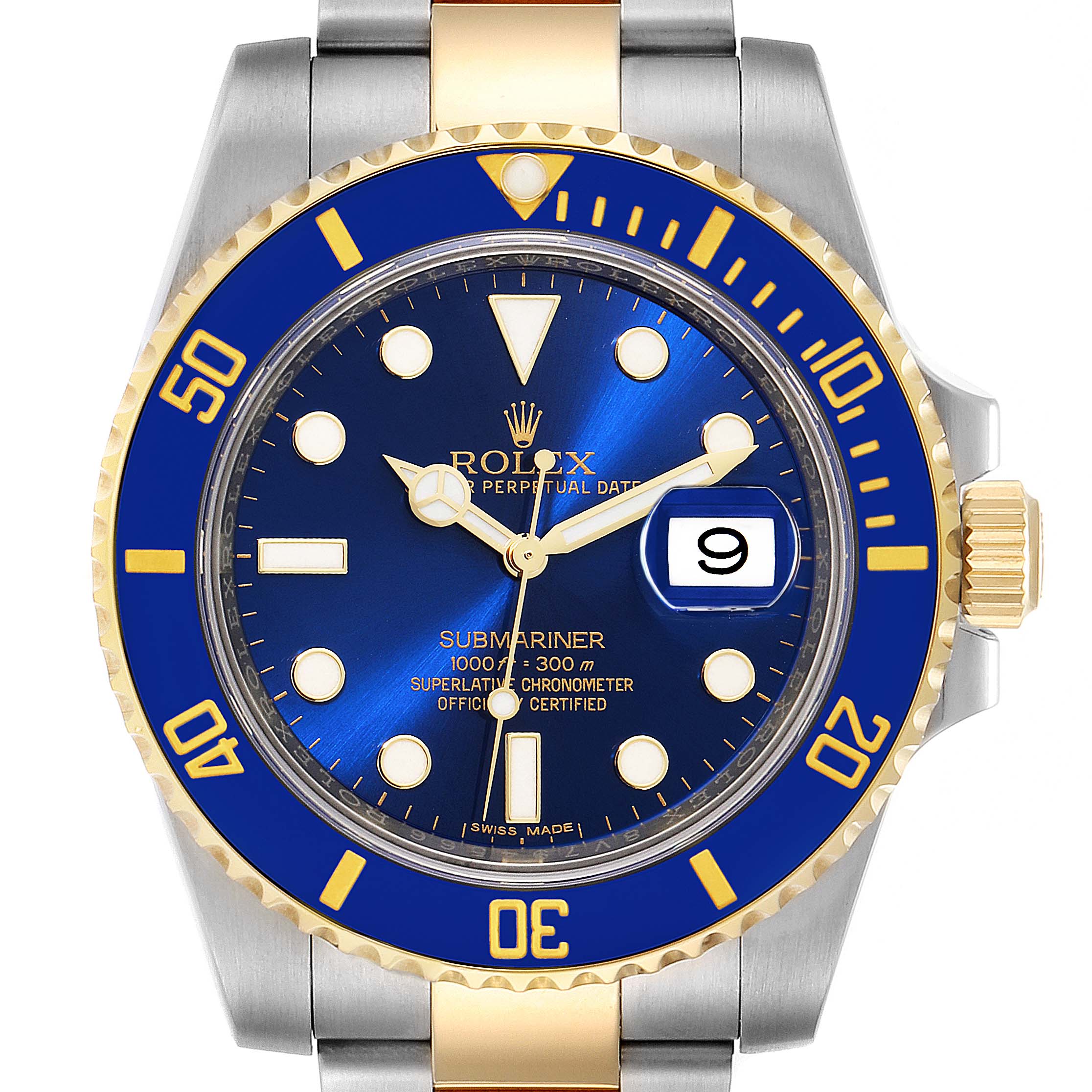The image shows a front view of a Rolex Submariner 116613 Men
s Steel and Gold (two tone) Blue Dial 116613 Men
s Steel and Gold (two tone) Blue Dial watch, highlighting the blue dial, bezel, crown, and part of the bracelet.