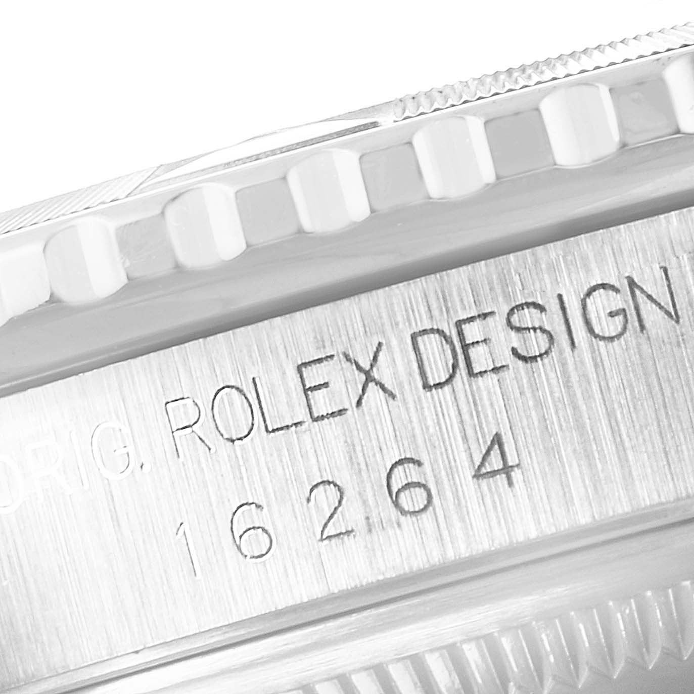 This close-up image shows the side engraving on the bezel of the Rolex Turn-o-Graph 16264 Men
s Stainless Steel Silver Dial 16264 Men
s Stainless Steel Silver Dial model.
