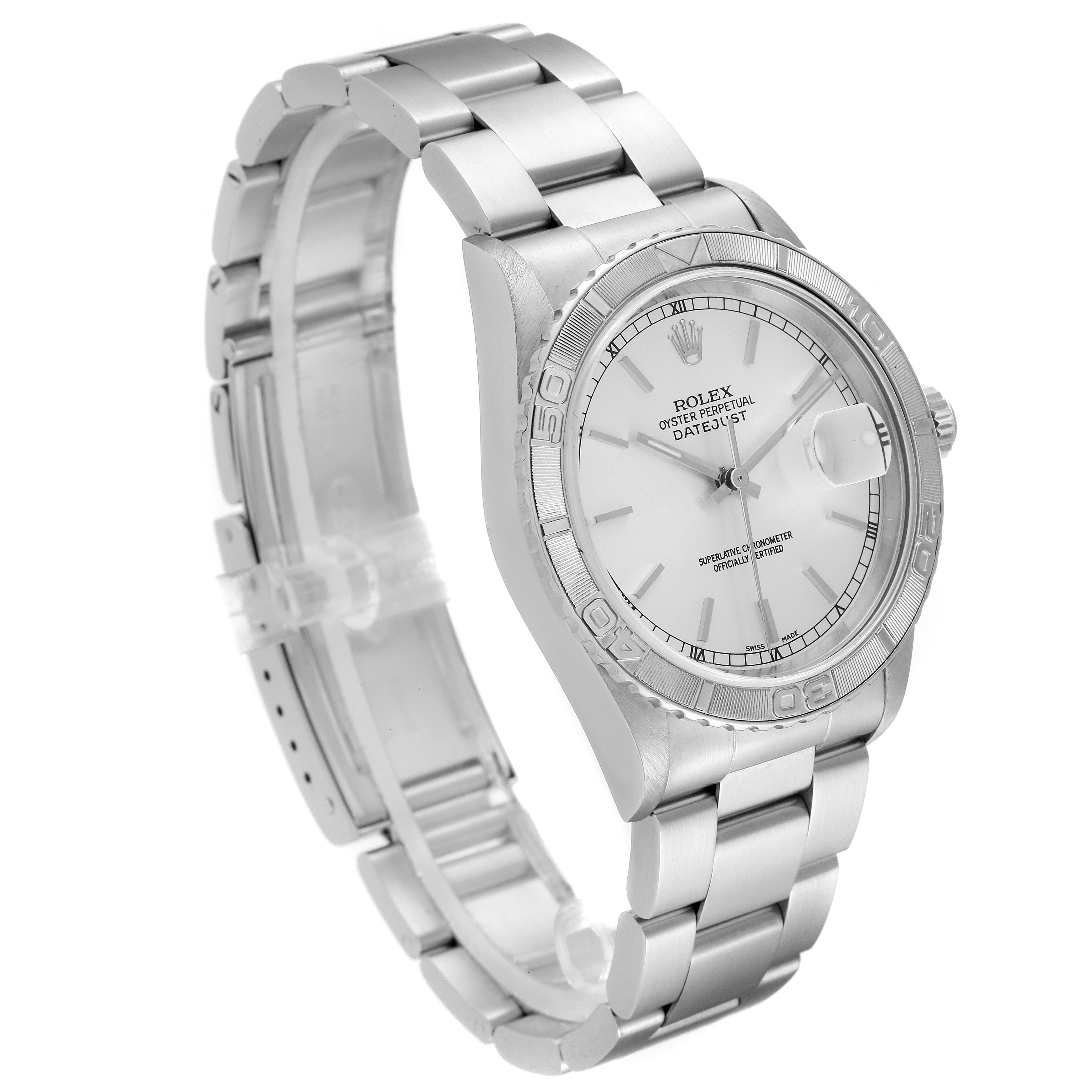 The image shows a Rolex Turn-o-Graph 16264 Men
s Stainless Steel Silver Dial 16264 Men
s Stainless Steel Silver Dial watch angled to display its face, bezel, and bracelet.