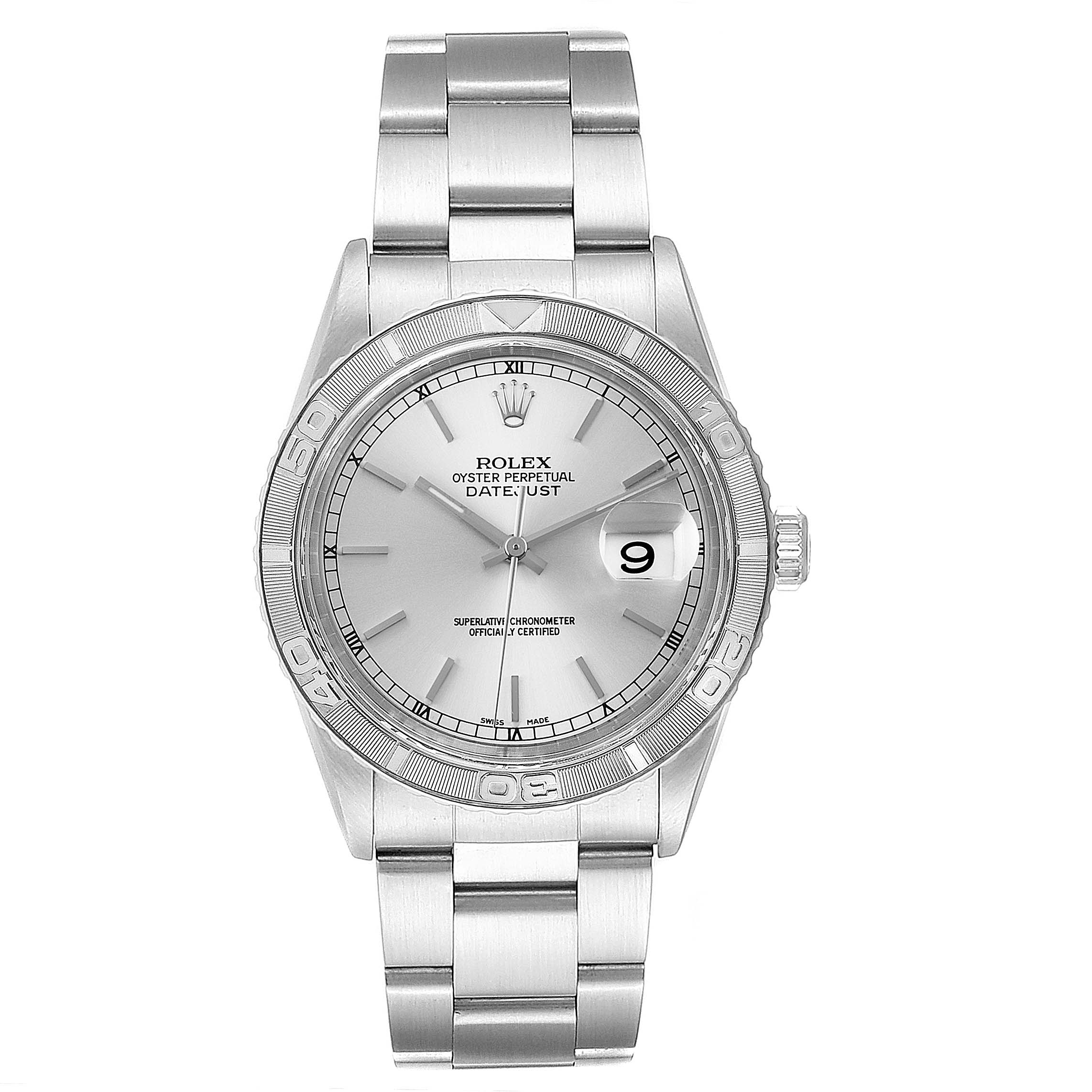 This image shows a front view of the Rolex Turn-o-Graph 16264 Men
s Stainless Steel Silver Dial 16264 Men
s Stainless Steel Silver Dial watch, highlighting its silver dial, bezel, bracelet, and date display.