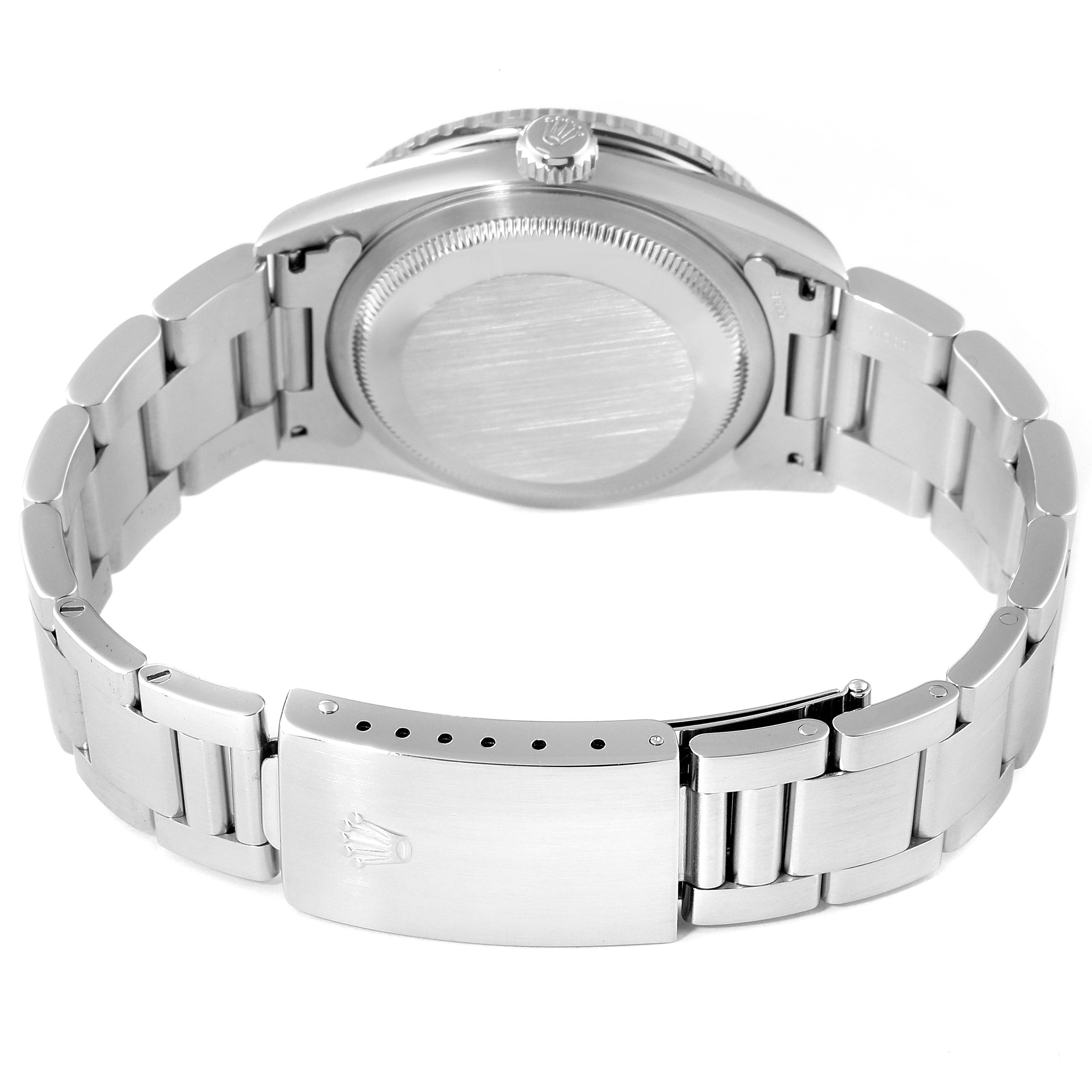 This image shows the back view of a Rolex Turn-o-Graph 16264 Men
s Stainless Steel Silver Dial 16264 Men
s Stainless Steel Silver Dial watch, highlighting the bracelet, clasp, and case back.