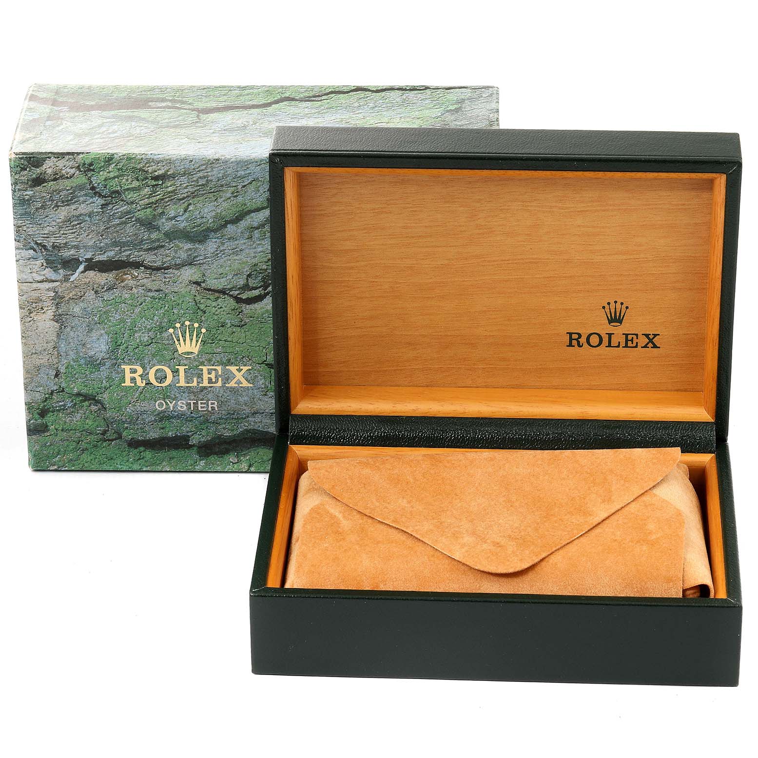This image shows a Rolex Turn-o-Graph 16264 Men
s Stainless Steel Silver Dial 16264 Men
s Stainless Steel Silver Dial watch box, open to reveal a brown suede pouch inside, with the outer box in the background.