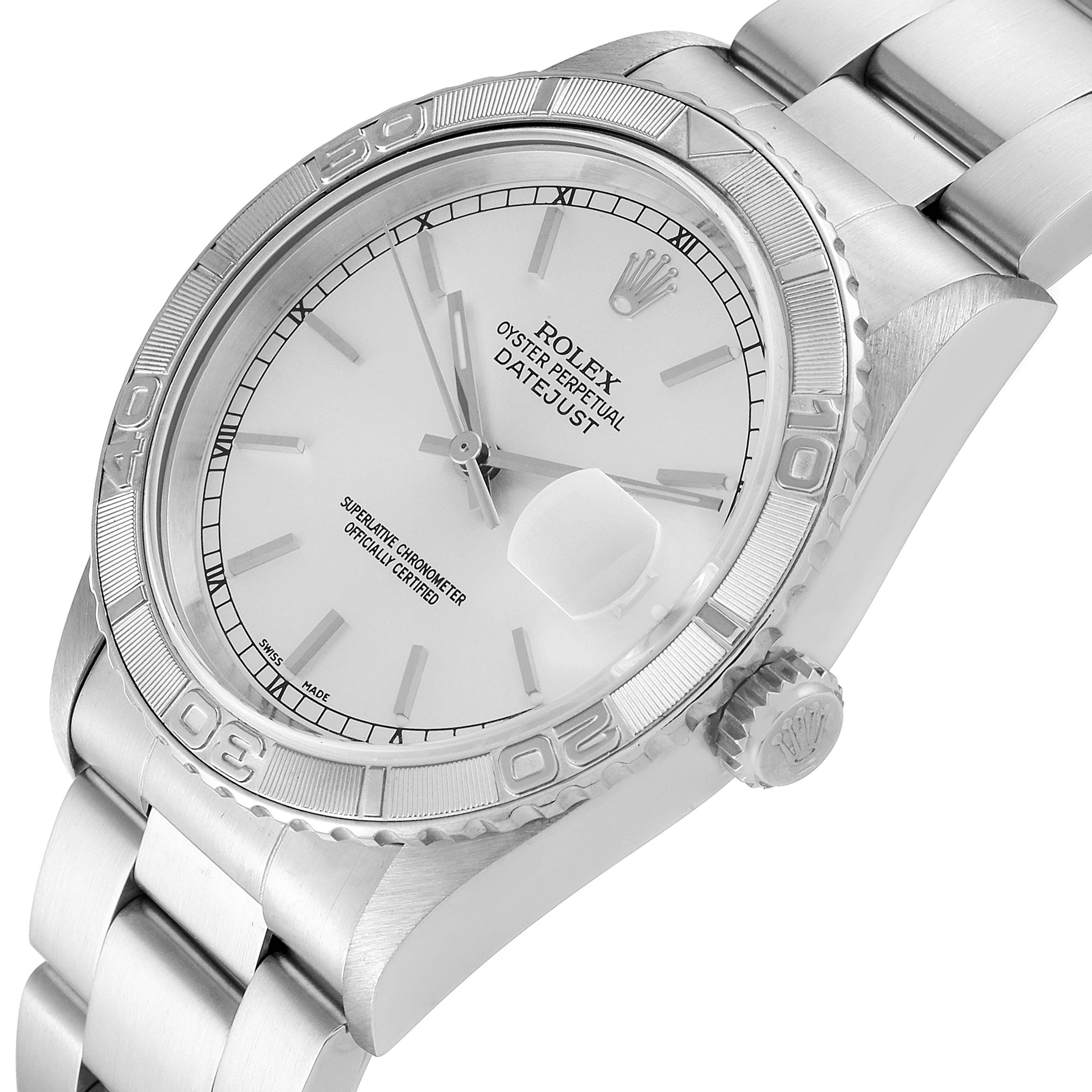 The image shows a close-up view of the dial, bezel, bracelet, and crown of the Rolex Turn-o-Graph 16264 Men
s Stainless Steel Silver Dial 16264 Men
s Stainless Steel Silver Dial watch model.