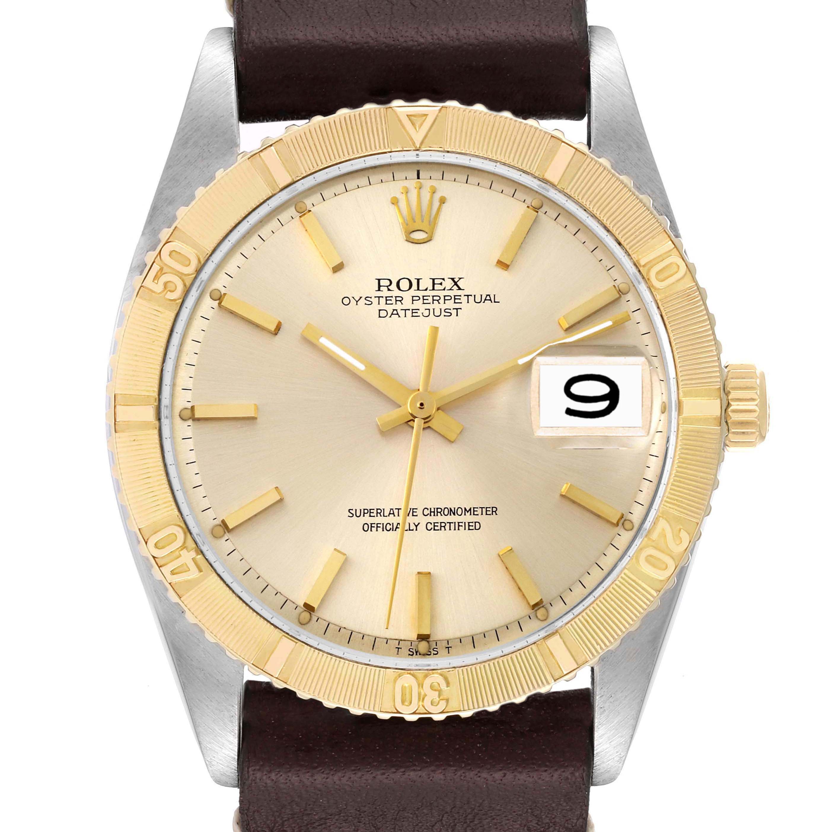 The image shows a Rolex Vintage Collection 1625 Men's Steel and Gold (two tone) Silver Dial 1625 Men's Steel and Gold (two tone) Silver Dial model watch, seen from the front, displaying the face, bezel, crown, and leather strap.