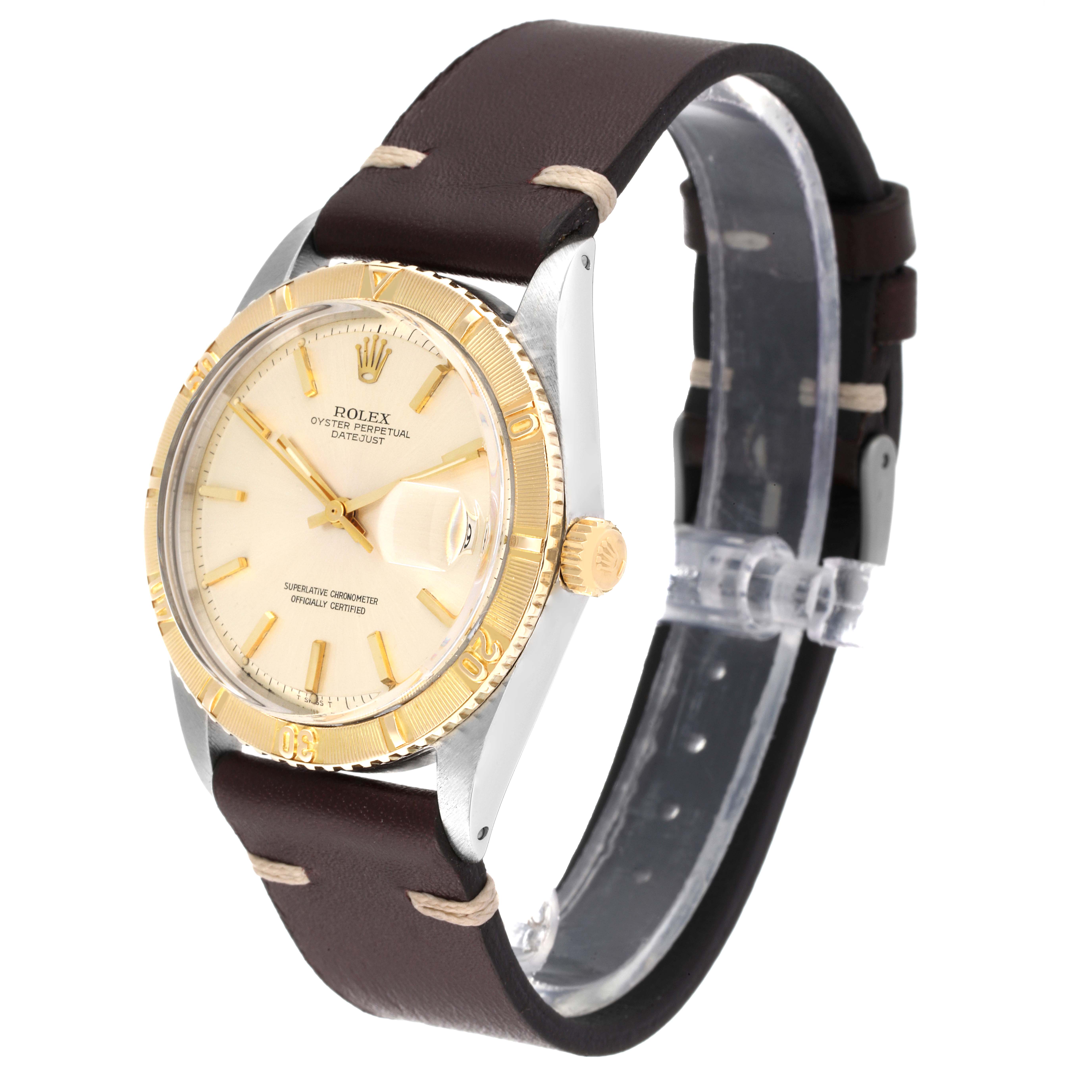 The Rolex Vintage Collection 1625 Men's Steel and Gold (two tone) Silver Dial 1625 Men's Steel and Gold (two tone) Silver Dial model watch is shown at a three-quarter angle, displaying its face, bezel, crown, and strap.