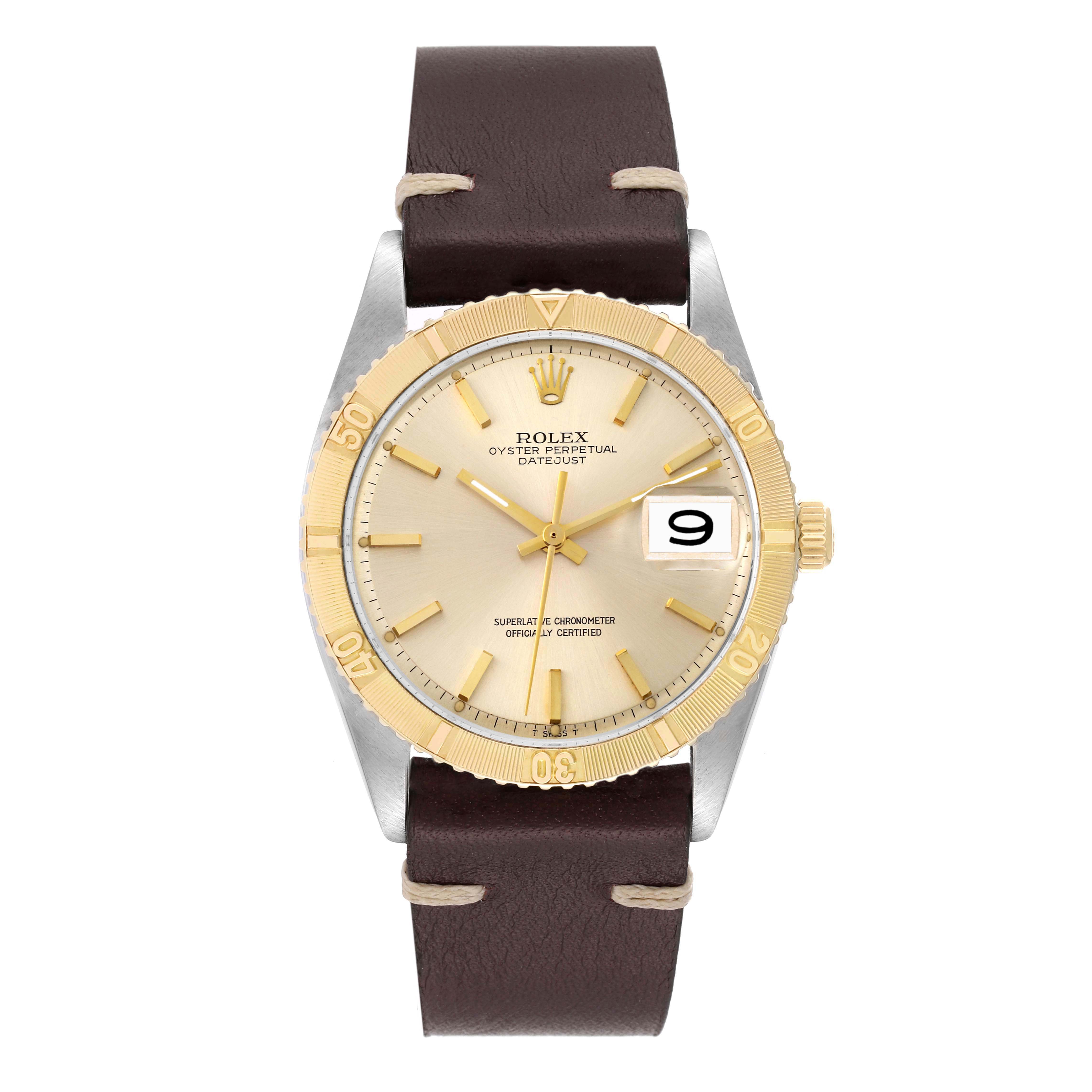 The Rolex Vintage Collection 1625 Men's Steel and Gold (two tone) Silver Dial 1625 Men's Steel and Gold (two tone) Silver Dial model watch is shown from a front angle, depicting the face, bezel, and brown leather strap.