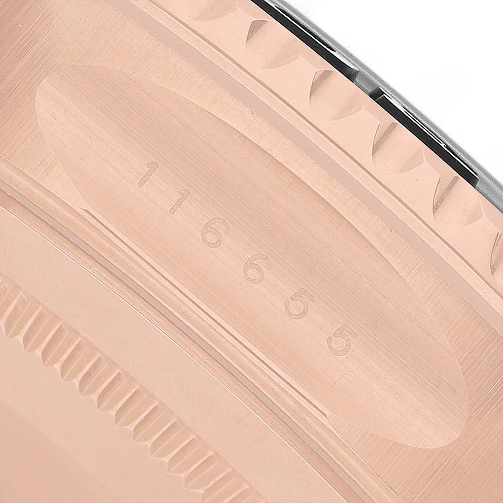 The image shows a close-up of the side of a Rolex Yacht-Master 116655 Men's Rose Gold Black Dial watch, highlighting the engraved model number.