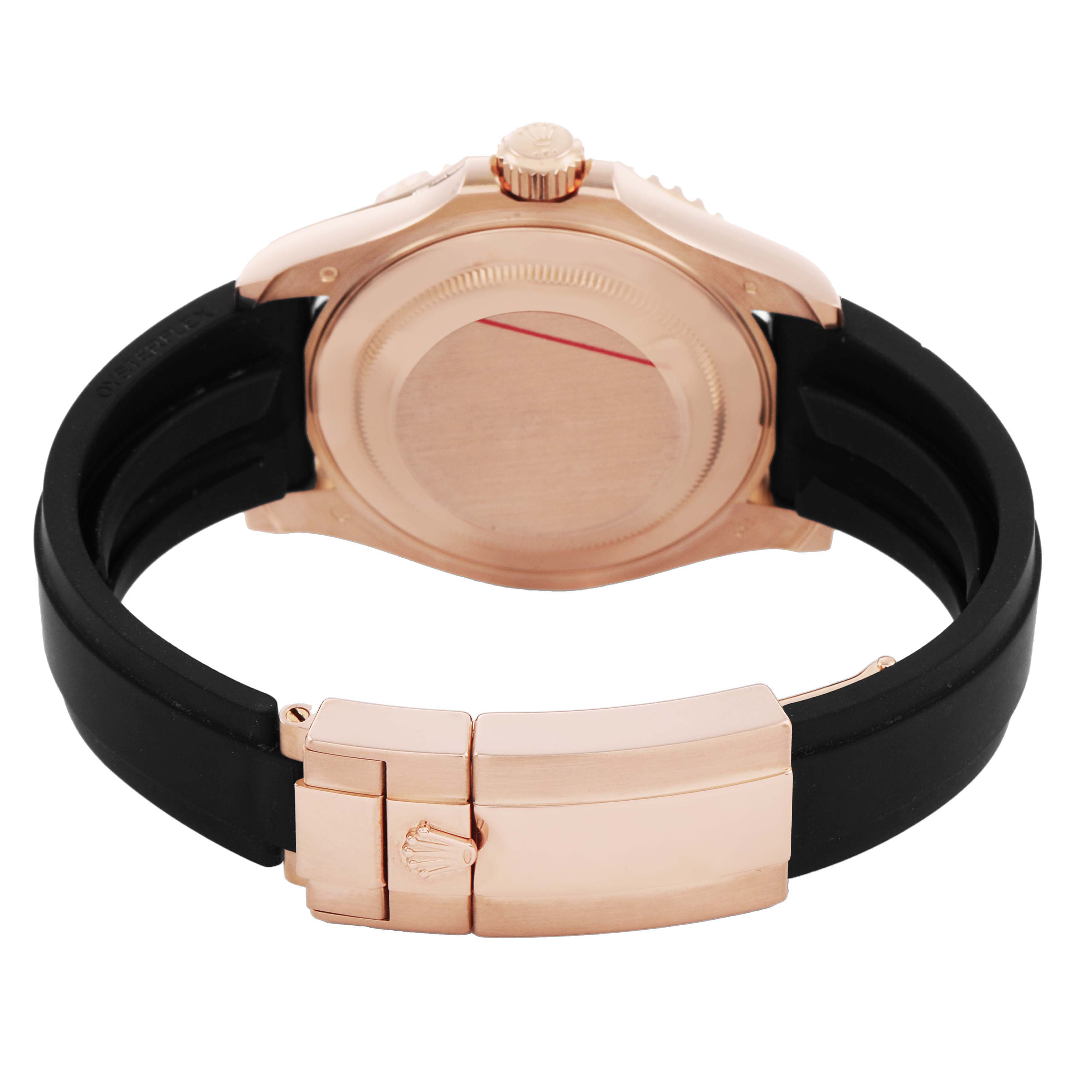 The image shows the back of a Rolex Yacht-Master 116655 Men's Rose Gold Black Dial watch, focusing on the case back and clasp, at a side angle.