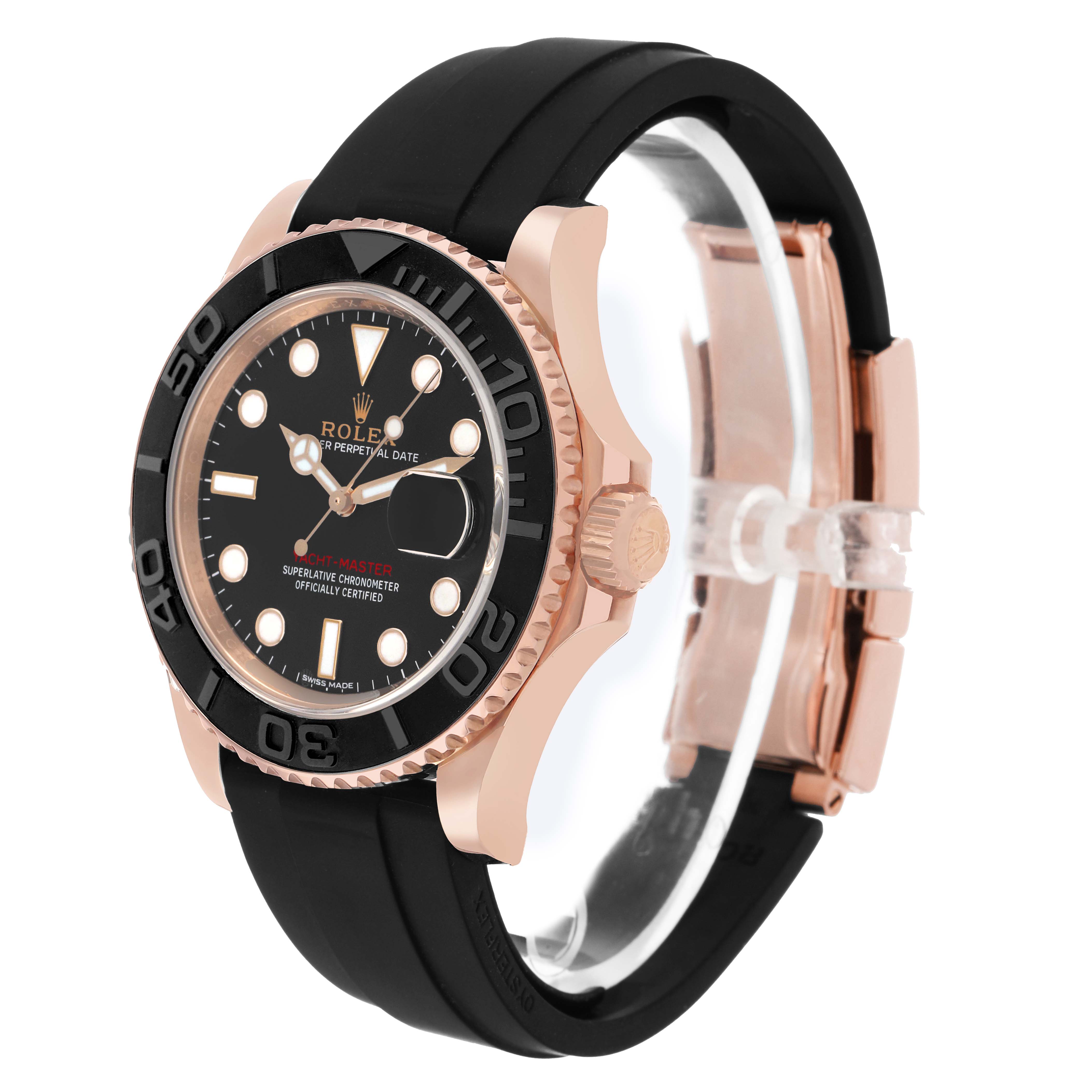 The Rolex Yacht-Master 116655 Men's Rose Gold Black Dial is shown at an angled side view, highlighting the bezel, dial, crown, and black strap.