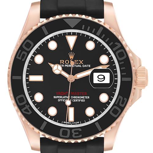 The image shows a front view of the Rolex Yacht-Master 116655 Men's Rose Gold Black Dial watch, highlighting its black dial, bezel, and rose gold elements.