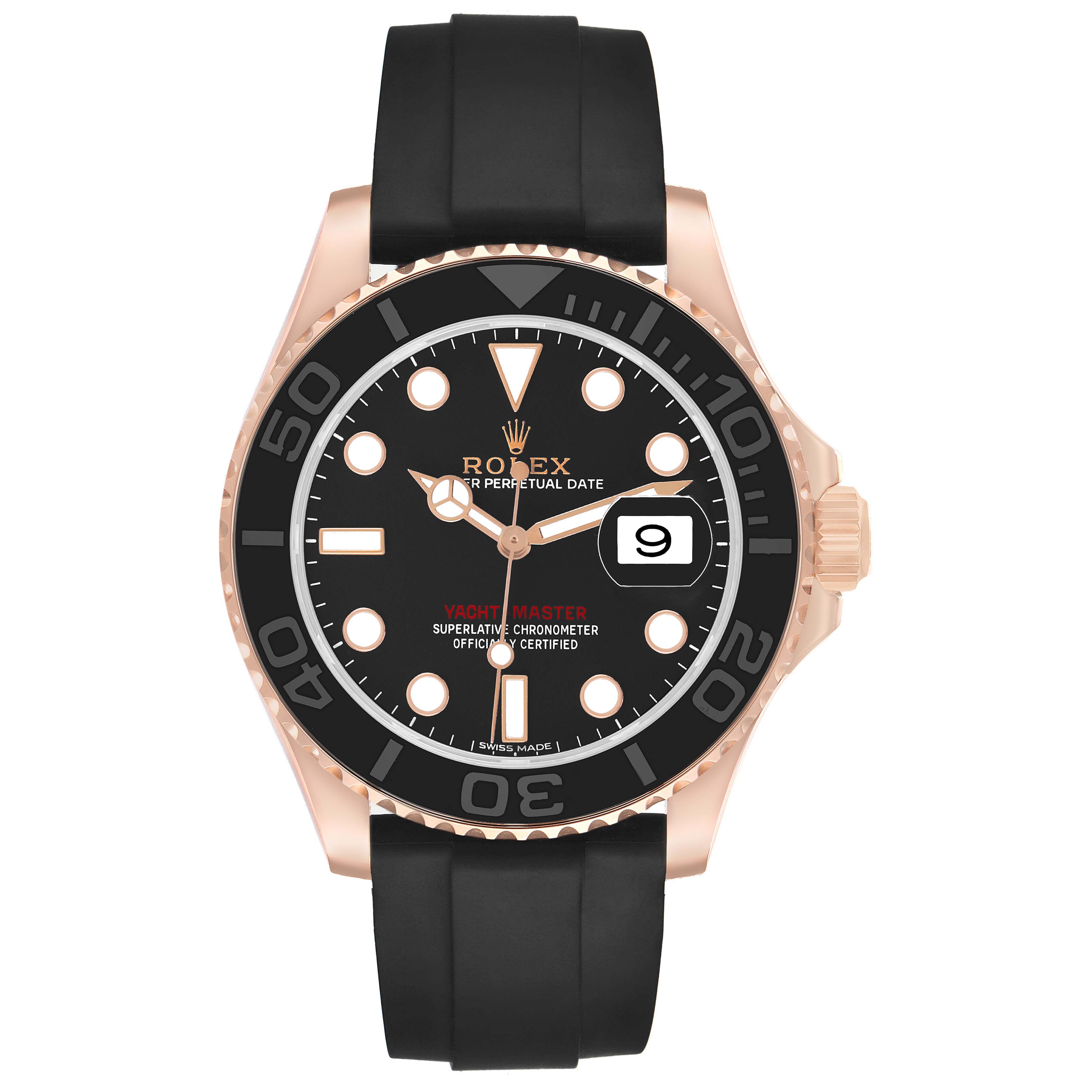 The Rolex Yacht-Master 116655 Men's Rose Gold Black Dial watch is shown from the front, displaying its black dial, rose gold bezel, and black strap.