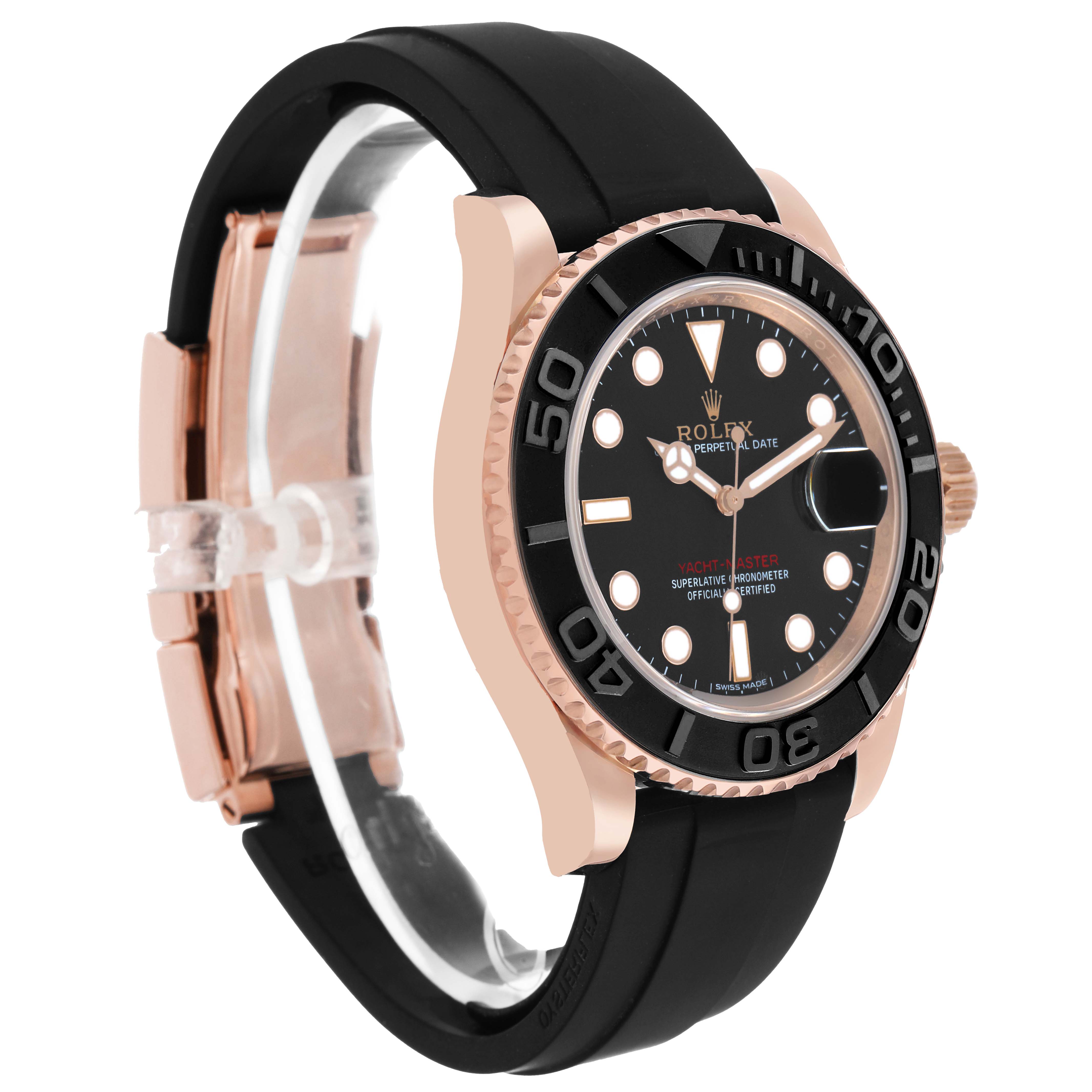 The Rolex Yacht-Master 116655 Men's Rose Gold Black Dial watch is shown at a side angle, highlighting the bezel, dial, case, crown, and black strap.
