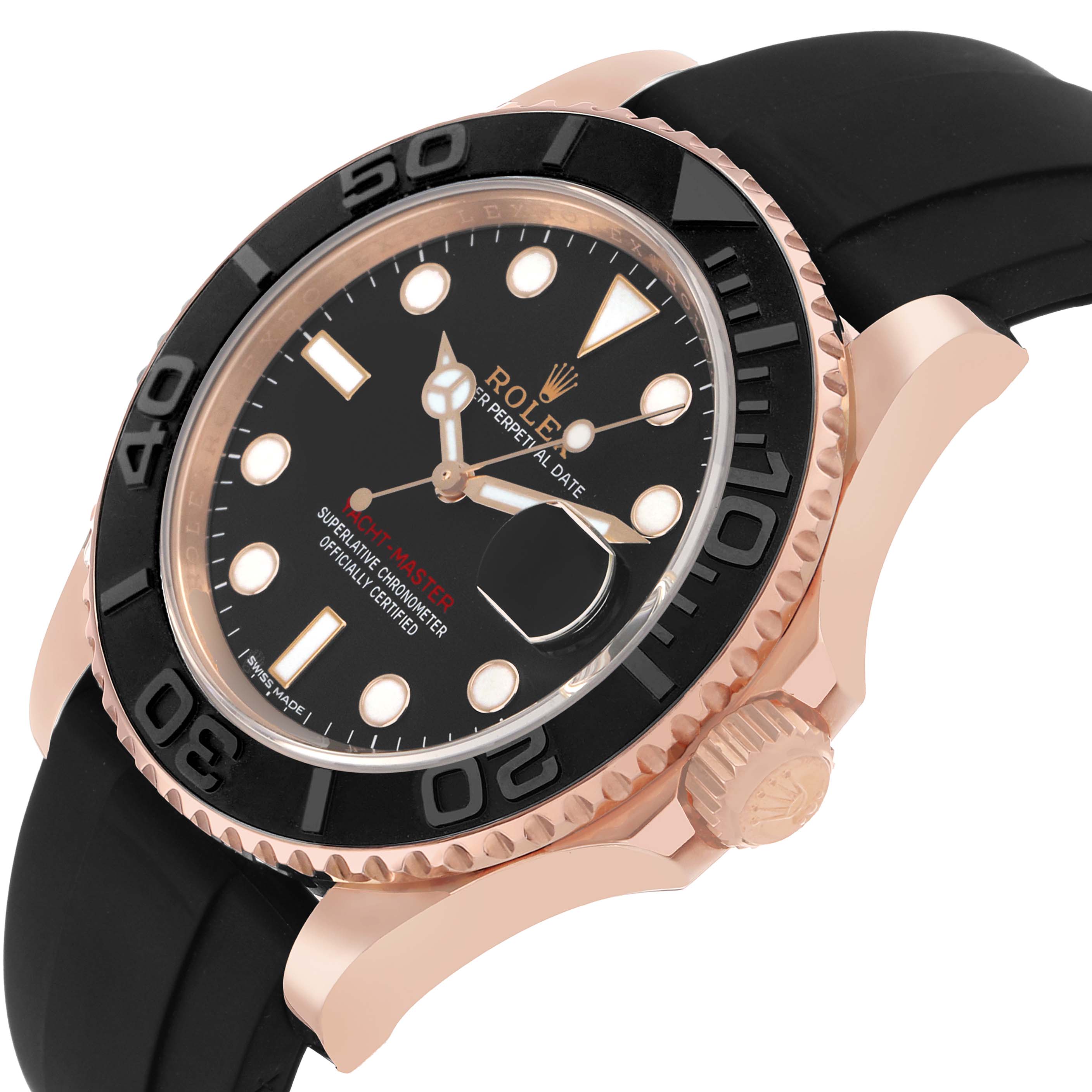 The Rolex Yacht-Master 116655 Men's Rose Gold Black Dial watch is shown at an oblique angle, highlighting its bezel, crown, dial, and part of the strap.