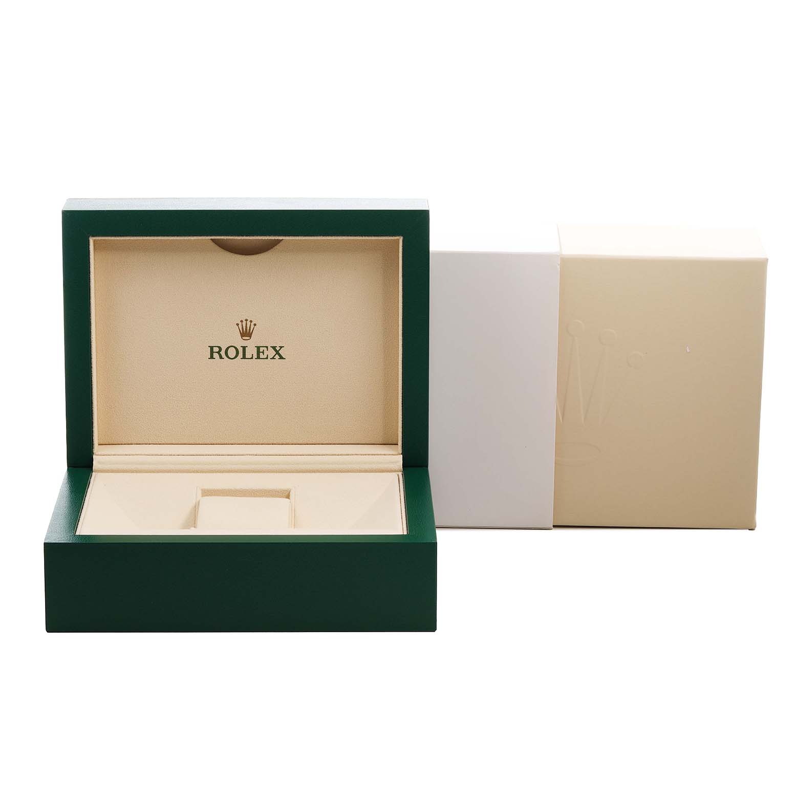 The image shows a Rolex Yacht-Master 116655 Men's Rose Gold Black Dial watch box, featuring a green outer case and beige interior.