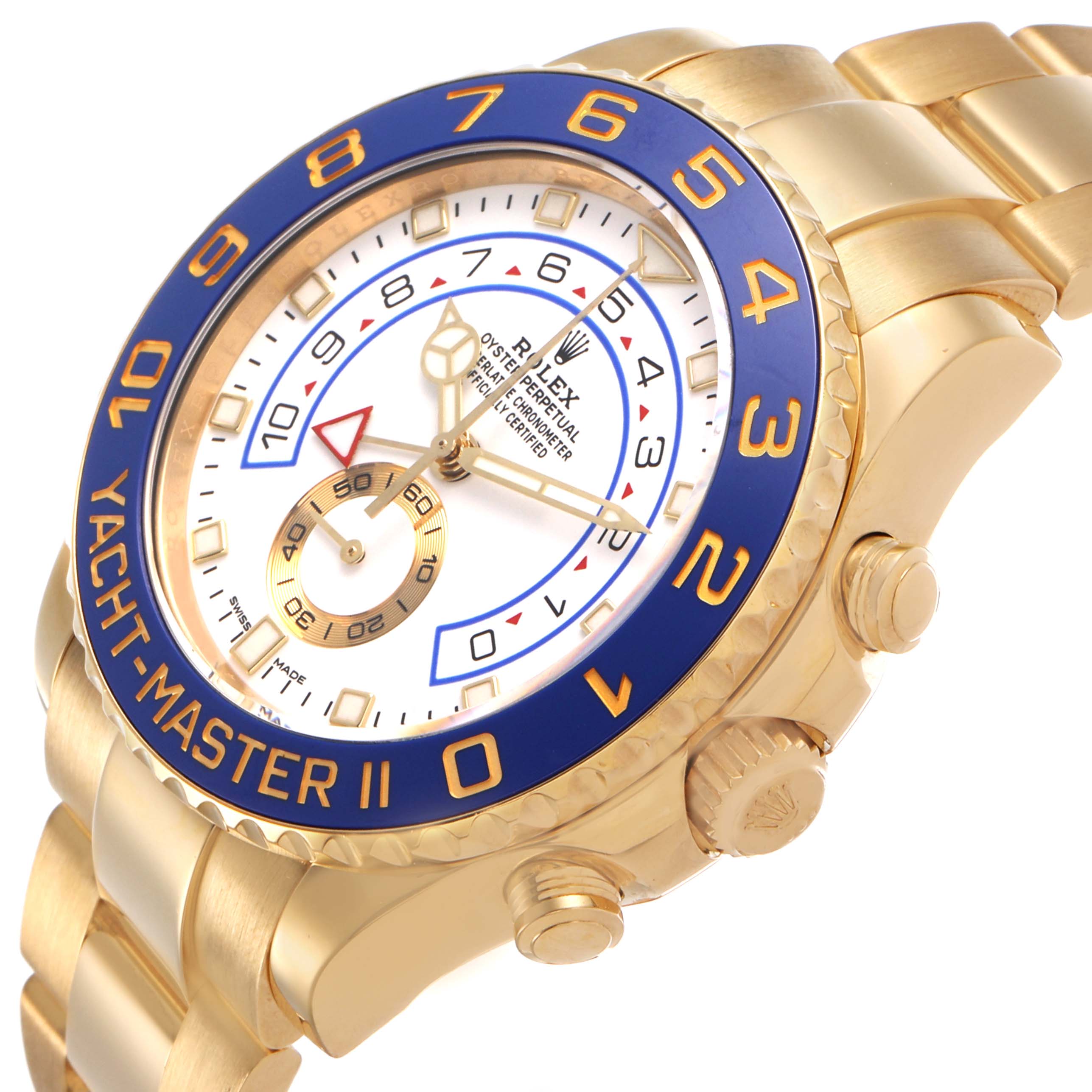 The Rolex Yacht-Master 116688 Men's Yellow Gold White Dial II is shown at an angled view highlighting the bezel, dial, and side buttons.