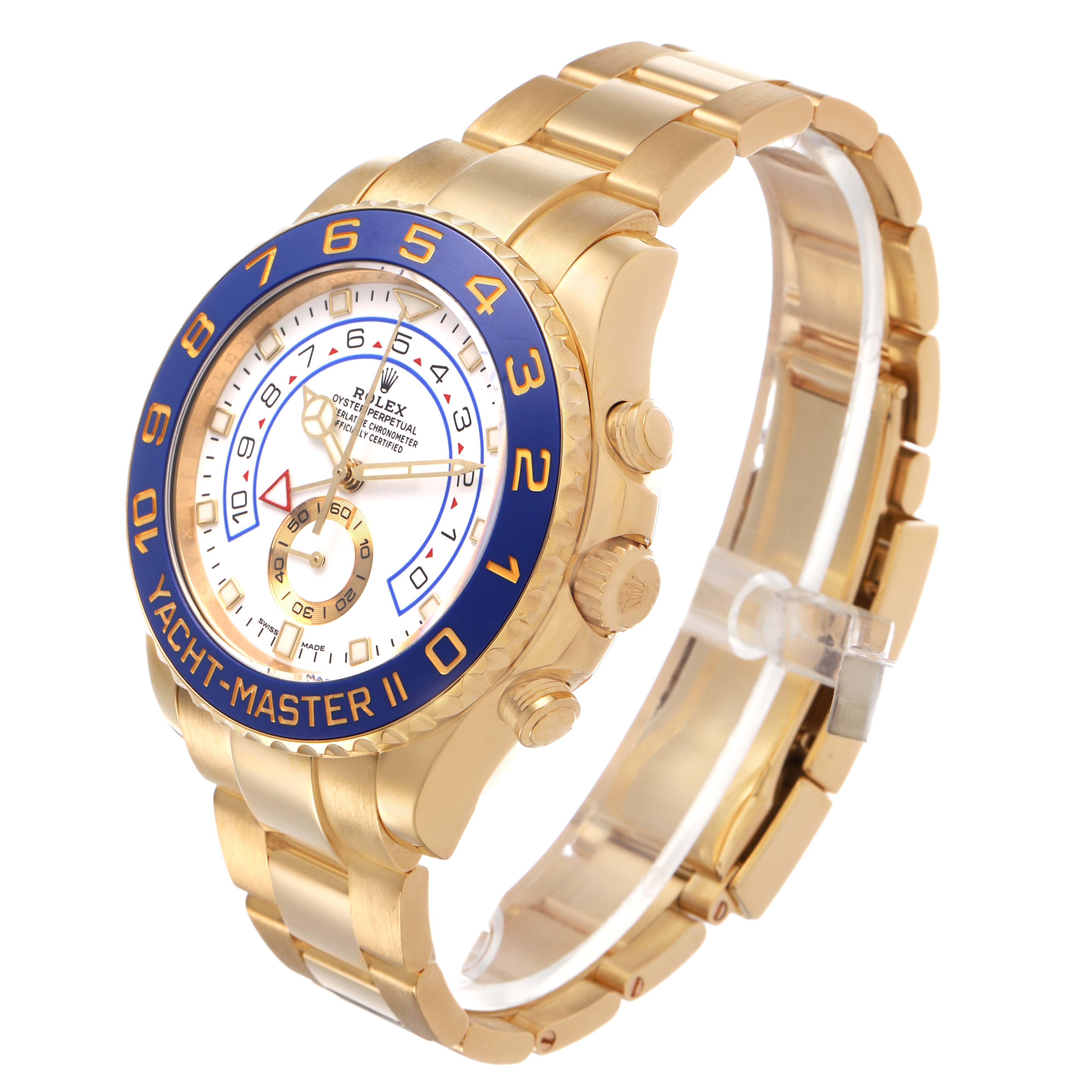 The Rolex Yacht-Master 116688 Men's Yellow Gold White Dial II watch is shown from a three-quarter angle, highlighting the bezel, dial, side buttons, and bracelet.