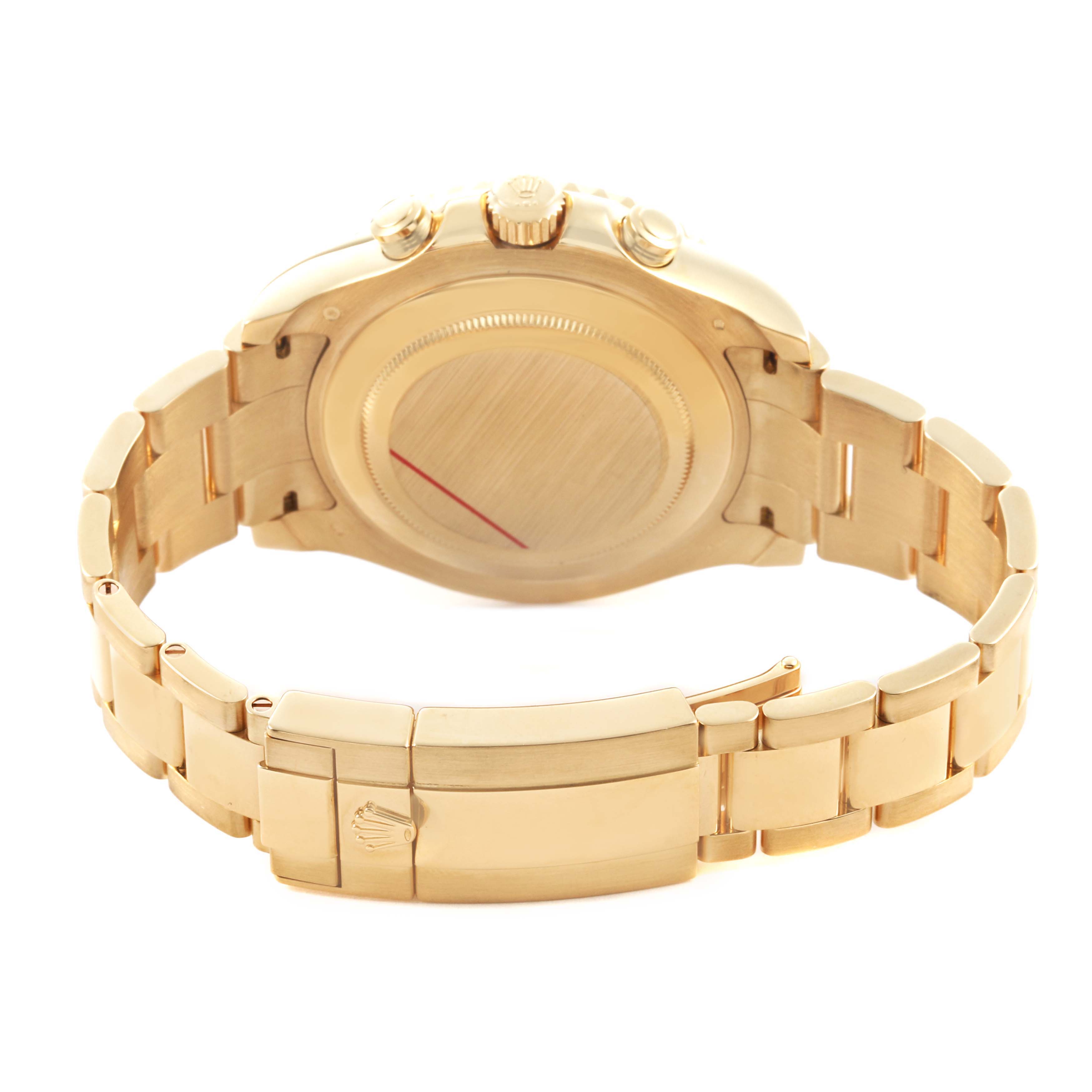 The image shows the back and bracelet of a Rolex Yacht-Master 116688 Men's Yellow Gold White Dial watch at a rear angle, highlighting the clasp and case back.