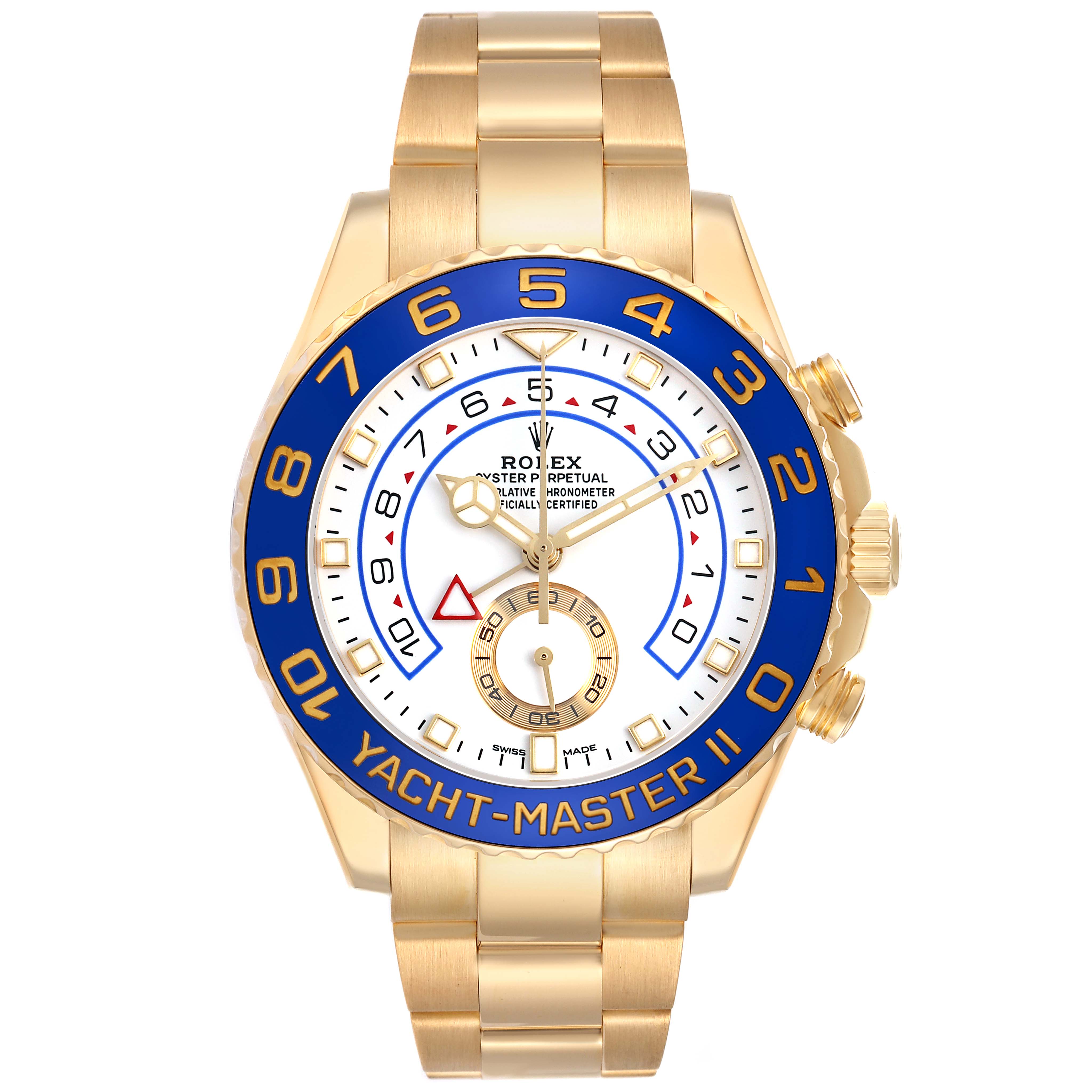 The Rolex Yacht-Master 116688 Men's Yellow Gold White Dial watch is shown from the front, displaying the face, bezel, crown, and part of the bracelet.