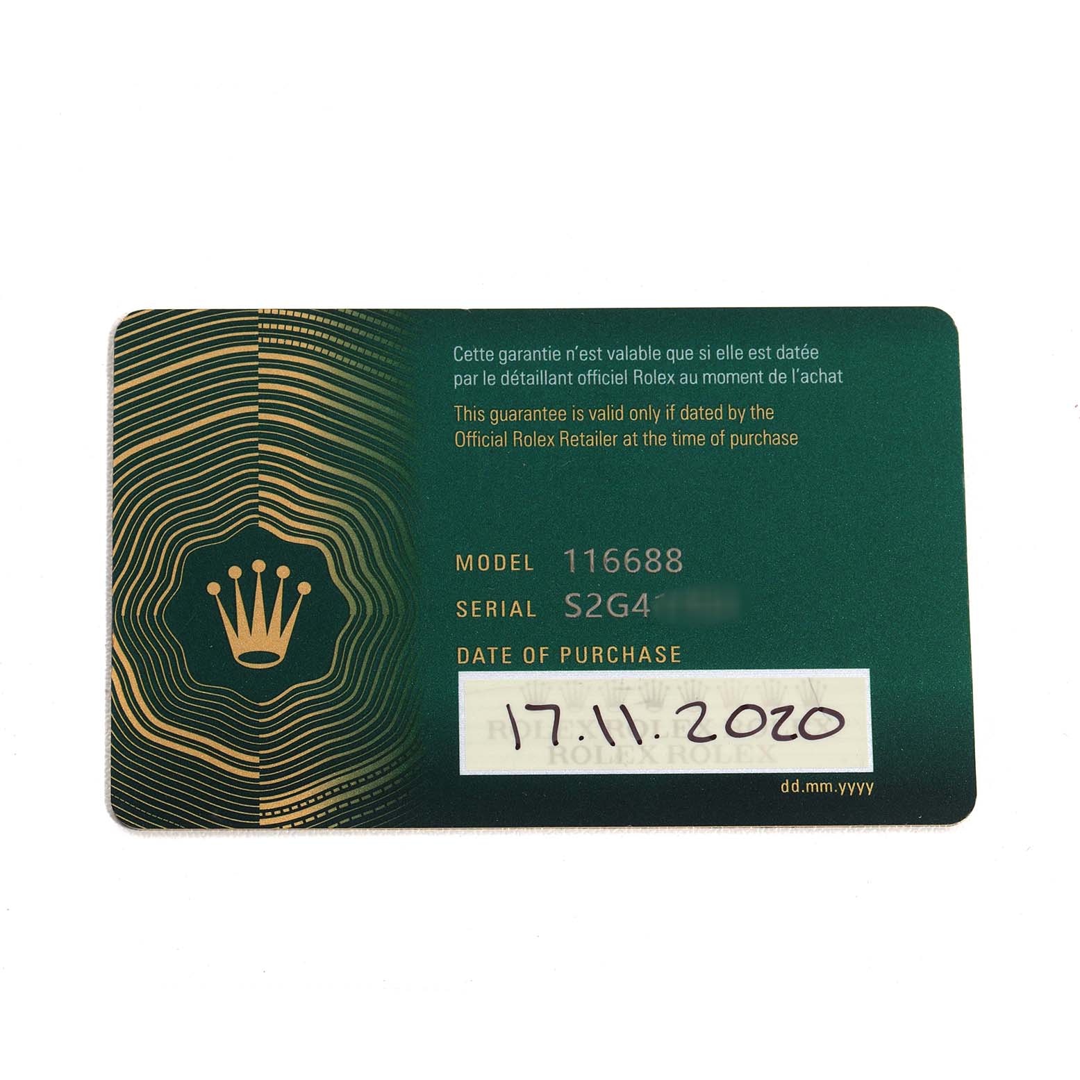 The image shows a Rolex warranty card for the Yacht-Master model, displaying model and serial numbers.