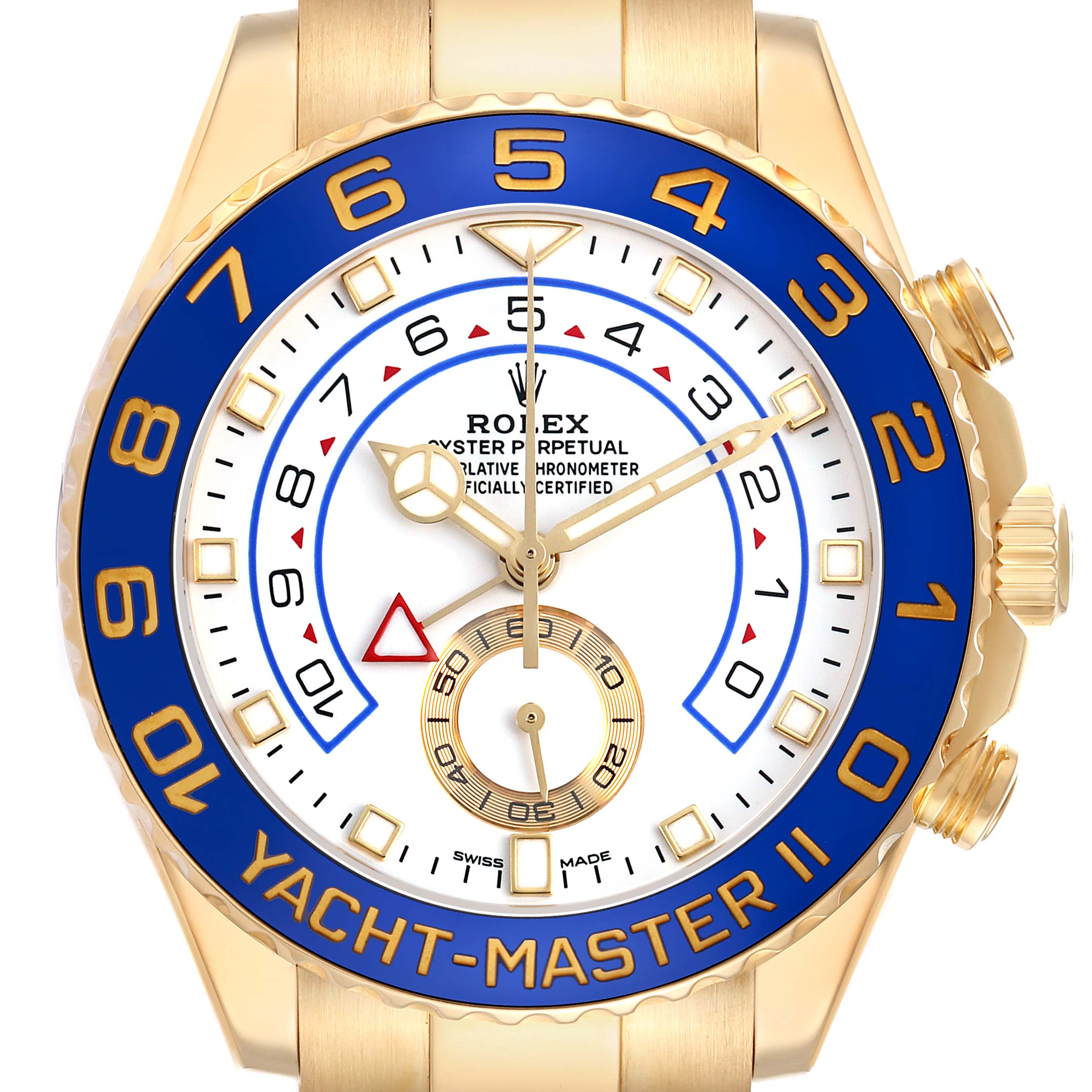 The Rolex Yacht-Master 116688 Men's Yellow Gold White Dial watch is shown from the front, displaying its dial, bezel, hands, and part of the bracelet.