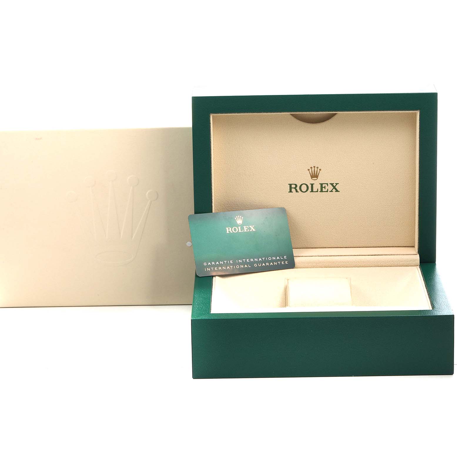 The image shows the open box, warranty card, and outer box for a Rolex Yacht-Master 116688 Men's Yellow Gold White Dial watch.