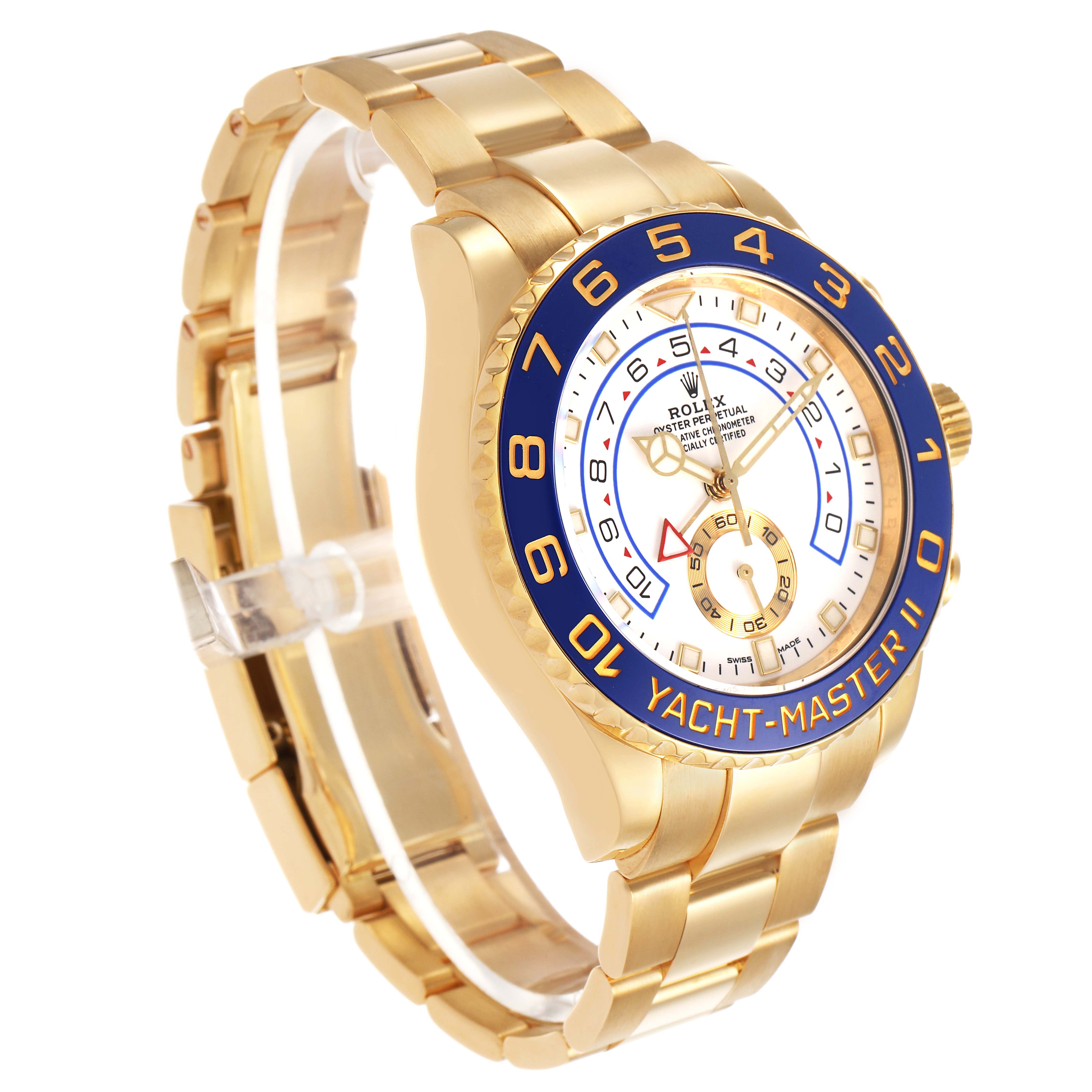 The Rolex Yacht-Master 116688 Men's Yellow Gold White Dial watch is shown at a left side angle, highlighting the bracelet, bezel, and face with detailed markings.