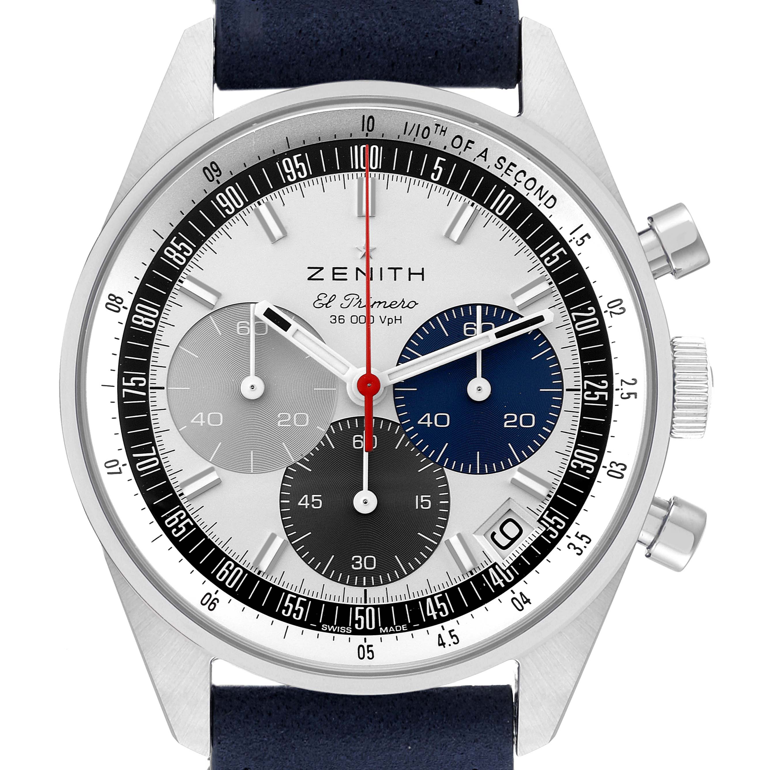 The image shows a front view of the Zenith Chronomaster 03.3200.3600 Men
s Stainless Steel White Dial 03.3200.3600 Men
s Stainless Steel White Dial watch, highlighting its dial, sub-dials, hands, and pushers.