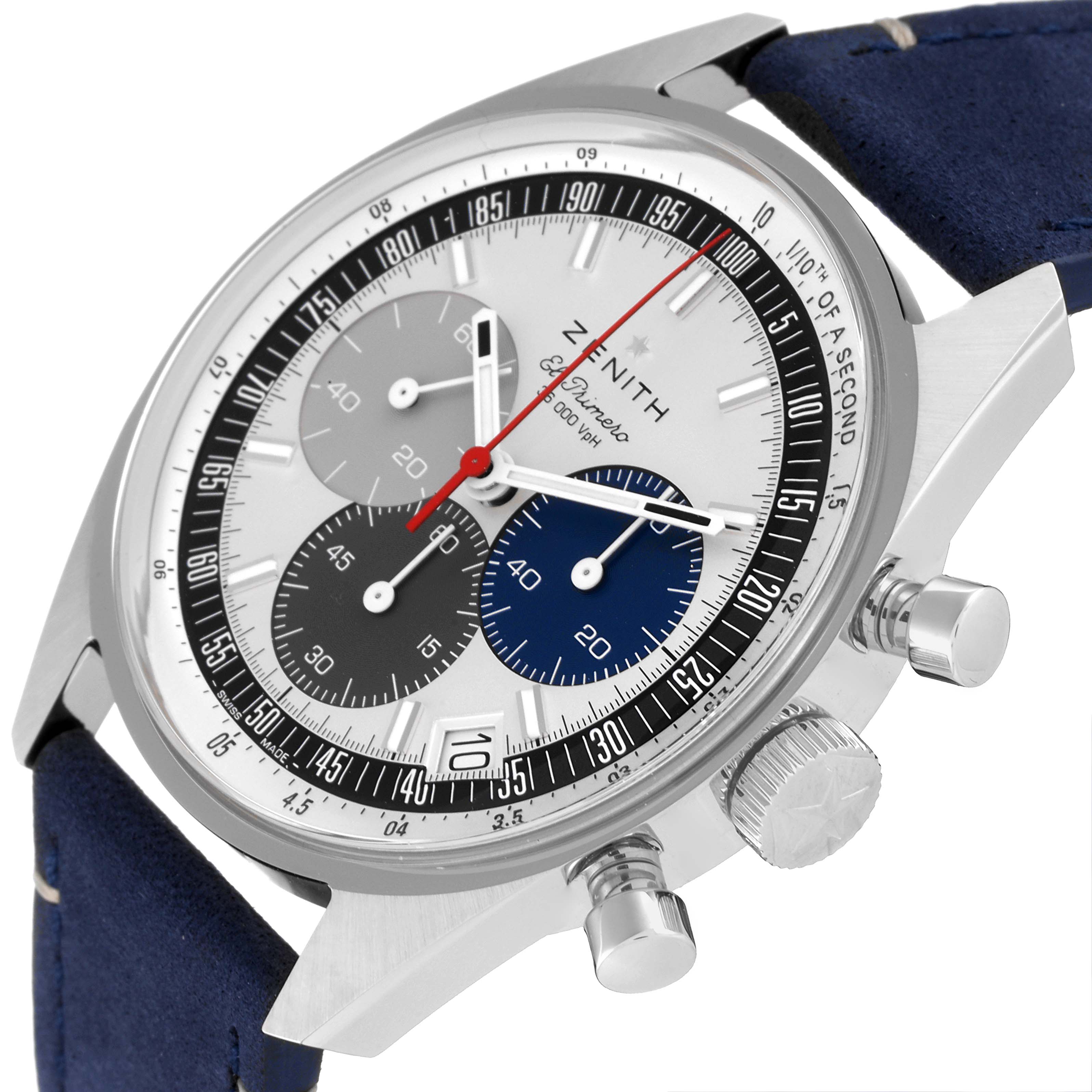 This image shows a Zenith Chronomaster 03.3200.3600 Men
s Stainless Steel White Dial 03.3200.3600 Men
s Stainless Steel White Dial watch at an oblique angle, highlighting the dial, subdials, crown, and pushers.