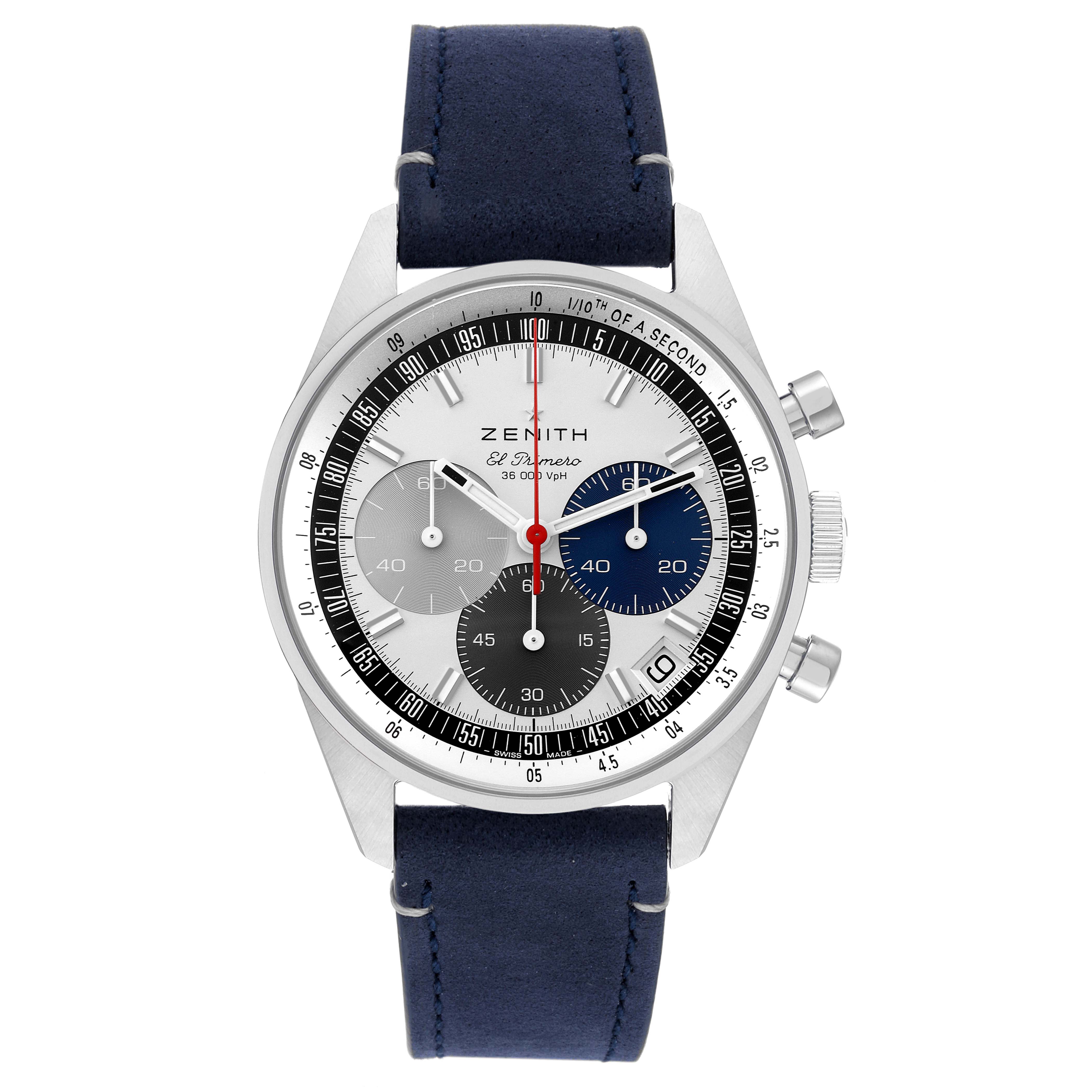 The Zenith Chronomaster 03.3200.3600 Men
s Stainless Steel White Dial 03.3200.3600 Men
s Stainless Steel White Dial watch is shown from the front, highlighting its dial, subdials, case, and blue leather strap.