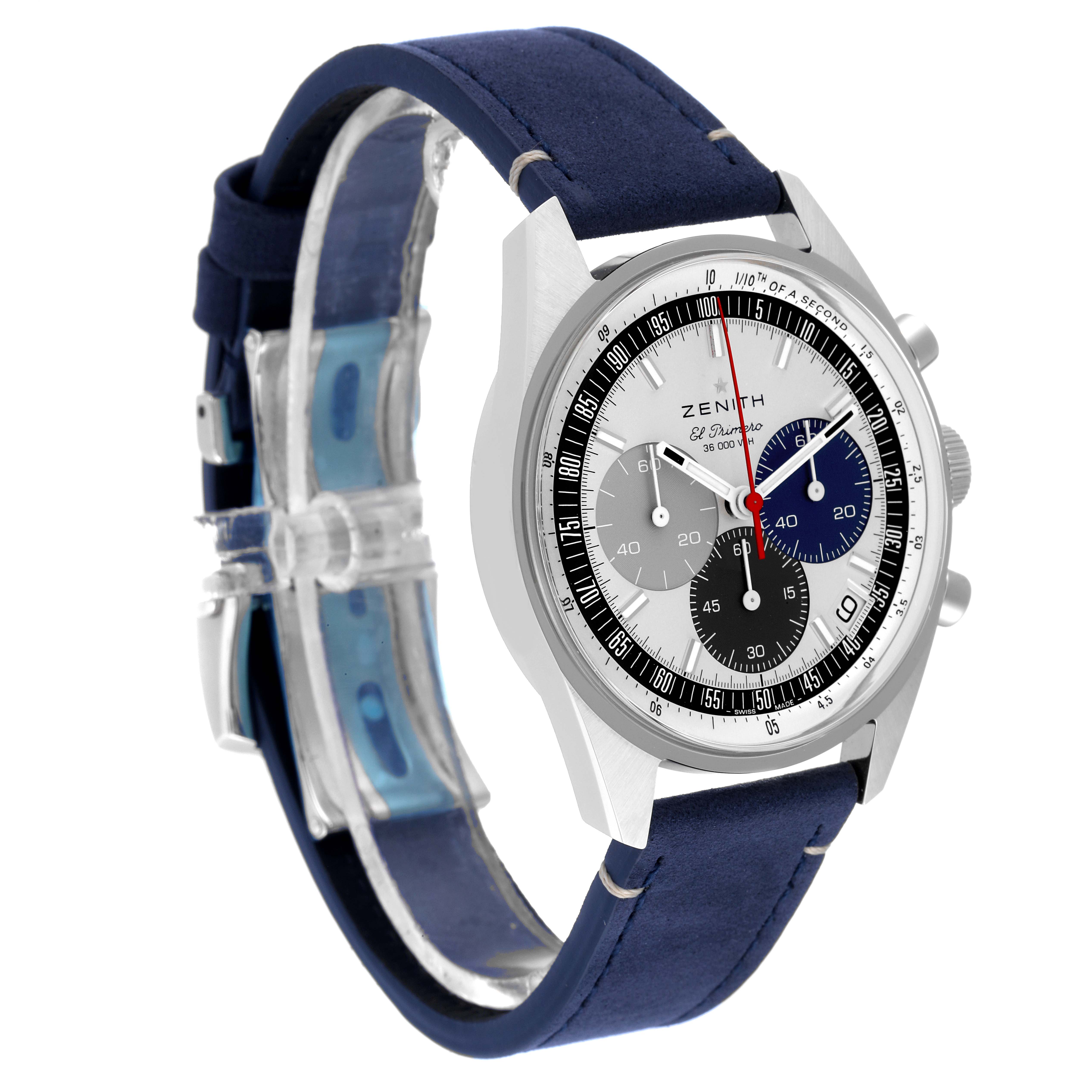 The Zenith Chronomaster 03.3200.3600 Men
s Stainless Steel White Dial 03.3200.3600 Men
s Stainless Steel White Dial watch is shown from a three-quarter angle, highlighting its dial, chronograph sub-dials, and blue strap.