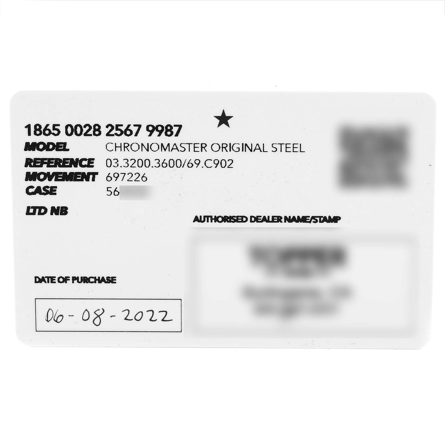 The image shows a warranty card for Zenith Chronomaster 03.3200.3600 Men
s Stainless Steel White Dial 03.3200.3600 Men
s Stainless Steel White Dial Original Steel, detailing model, reference, movement, case, and purchase date.