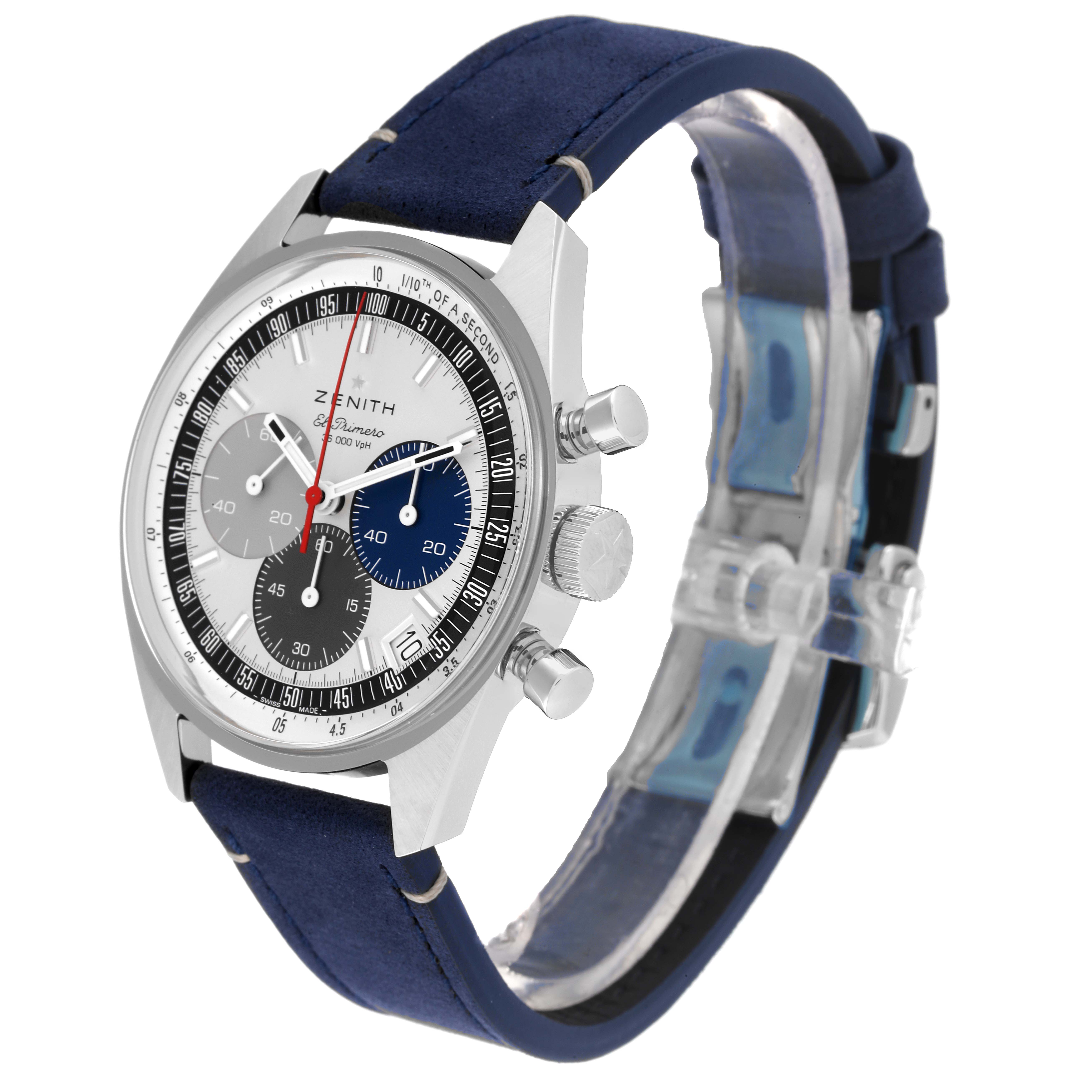 The Zenith Chronomaster 03.3200.3600 Men
s Stainless Steel White Dial 03.3200.3600 Men
s Stainless Steel White Dial watch is shown in a three-quarter view, displaying its face, case, and part of the strap.