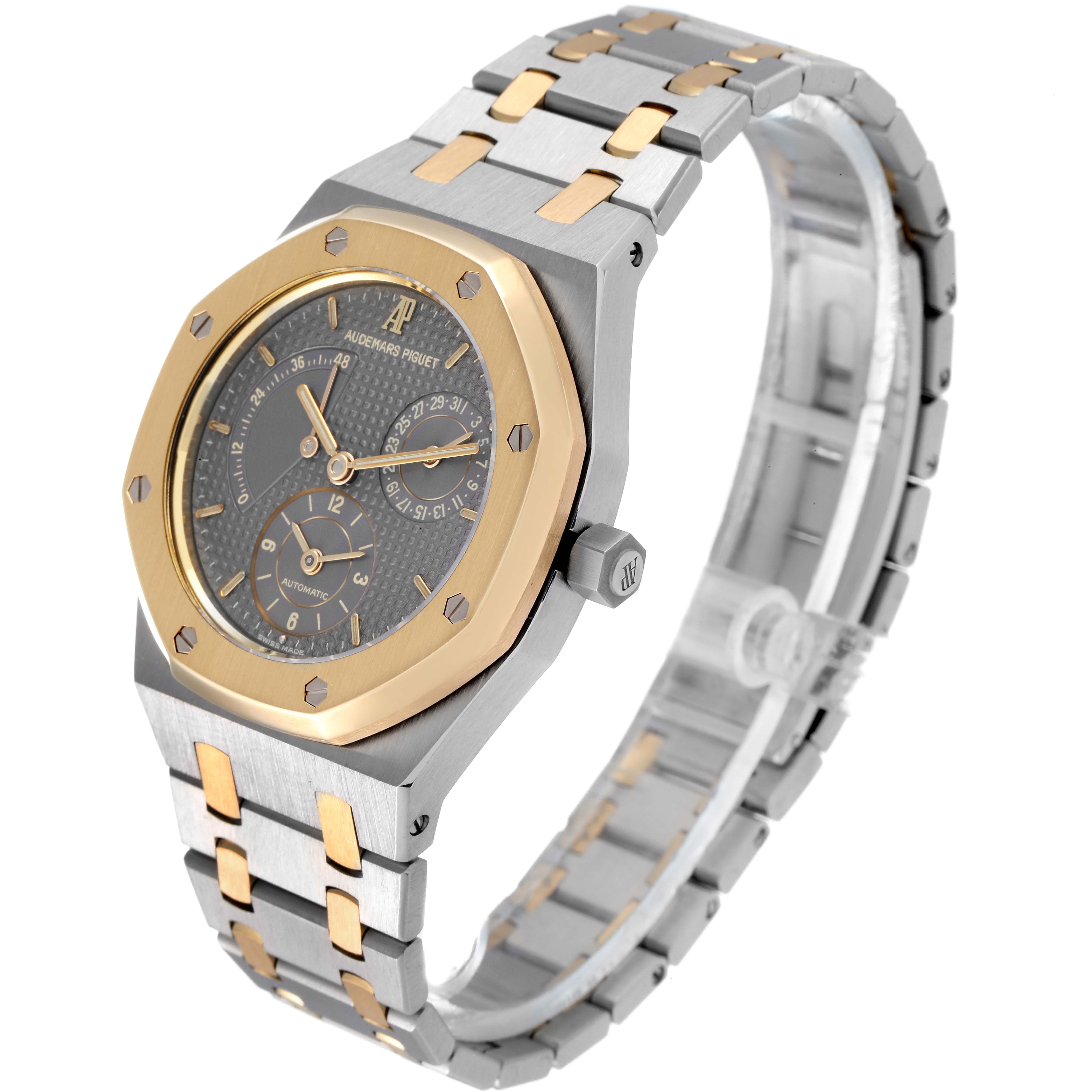 The Audemars Piguet Royal Oak 25730SA.01.078 Men
s Steel and Gold (two tone) Silver Dial 25730SA.01.078 Men
s Steel and Gold (two tone) Silver Dial watch is shown at a three-quarter angle highlighting the face, bezel, and two-tone metal bracelet.