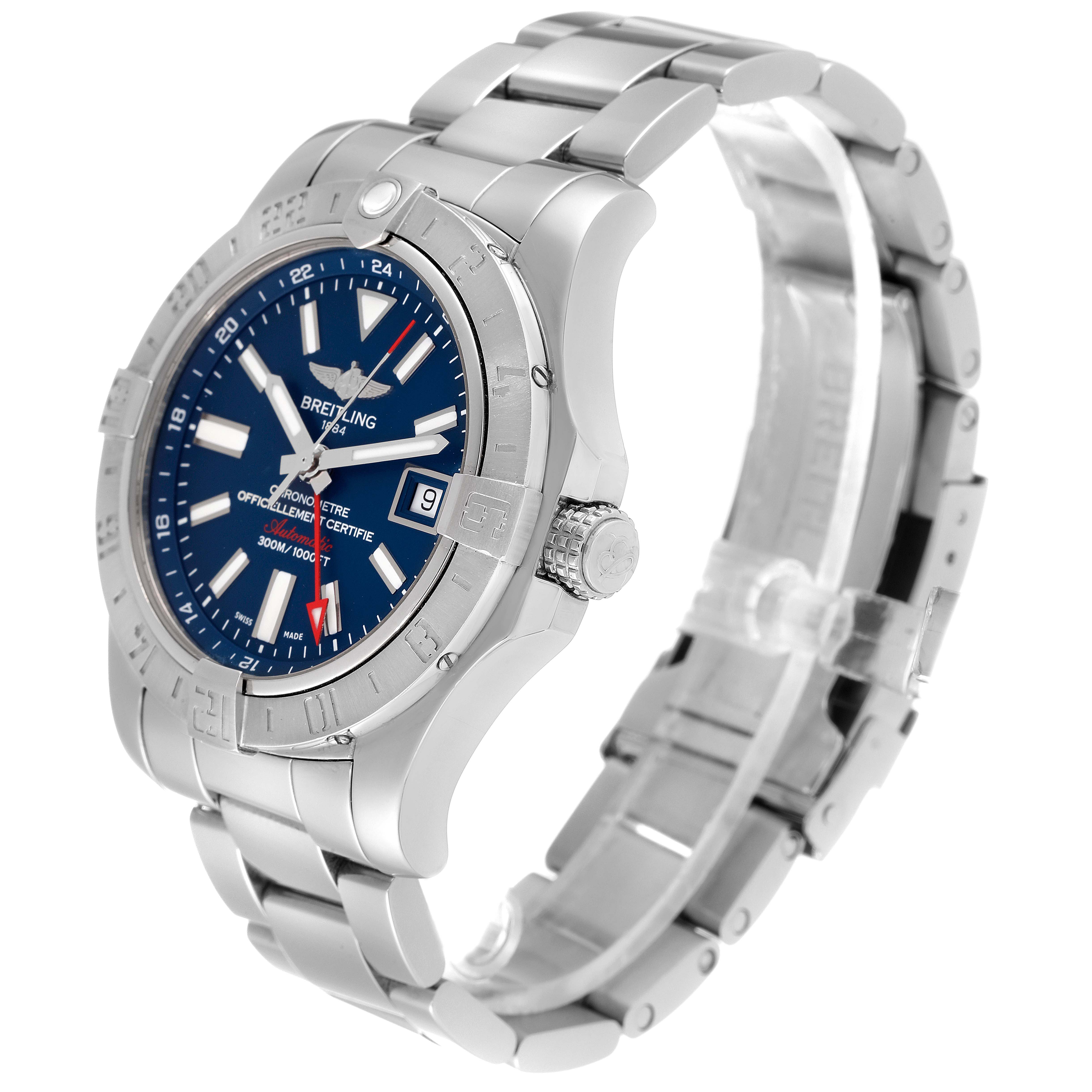 The Breitling Avenger A3239011-C872-170A Men's Stainless Steel Blue Dial A3239011-C872-170A Men's Stainless Steel Blue Dial watch is shown in a three-quarter view, highlighting its face, bezel, and stainless steel bracelet.