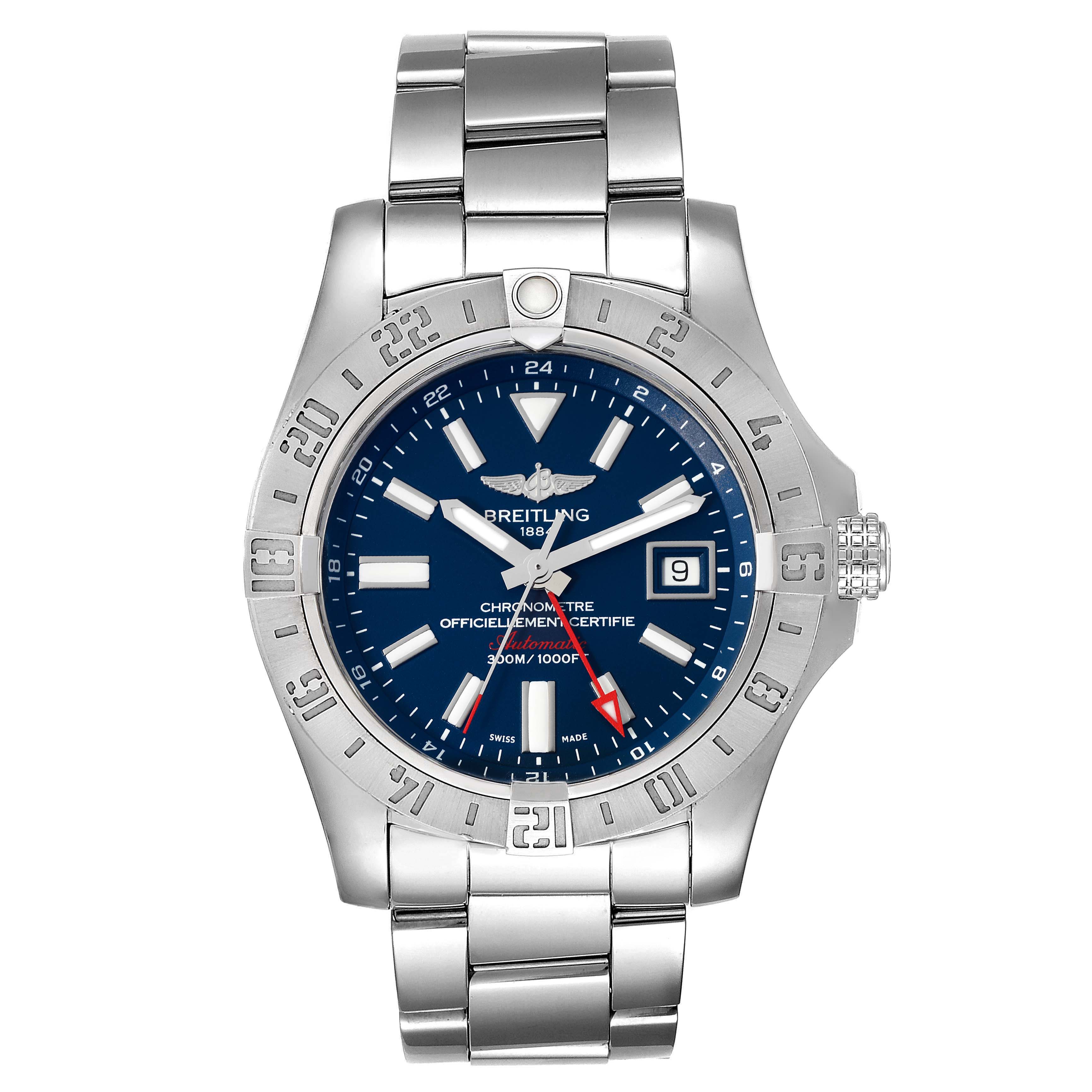 This image shows a front view of the Breitling Avenger A3239011-C872-170A Men's Stainless Steel Blue Dial A3239011-C872-170A Men's Stainless Steel Blue Dial watch, highlighting its blue dial, silver bezel, and metal bracelet.